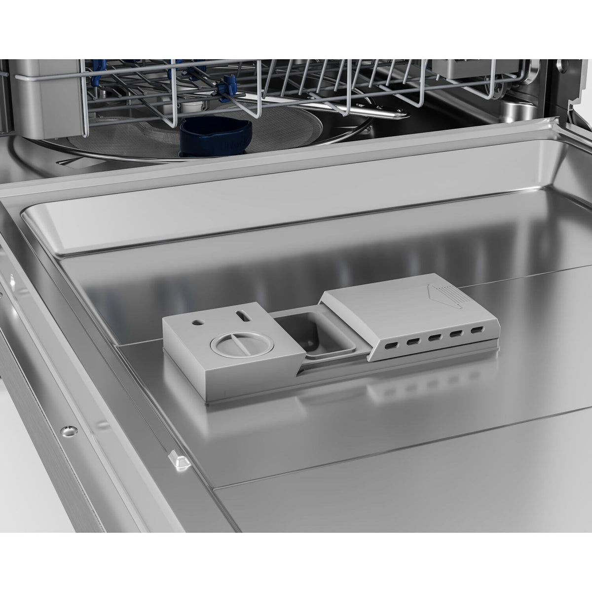 Built-in stainless steel dishwasher tub with detergent dispenser and cutlery tray