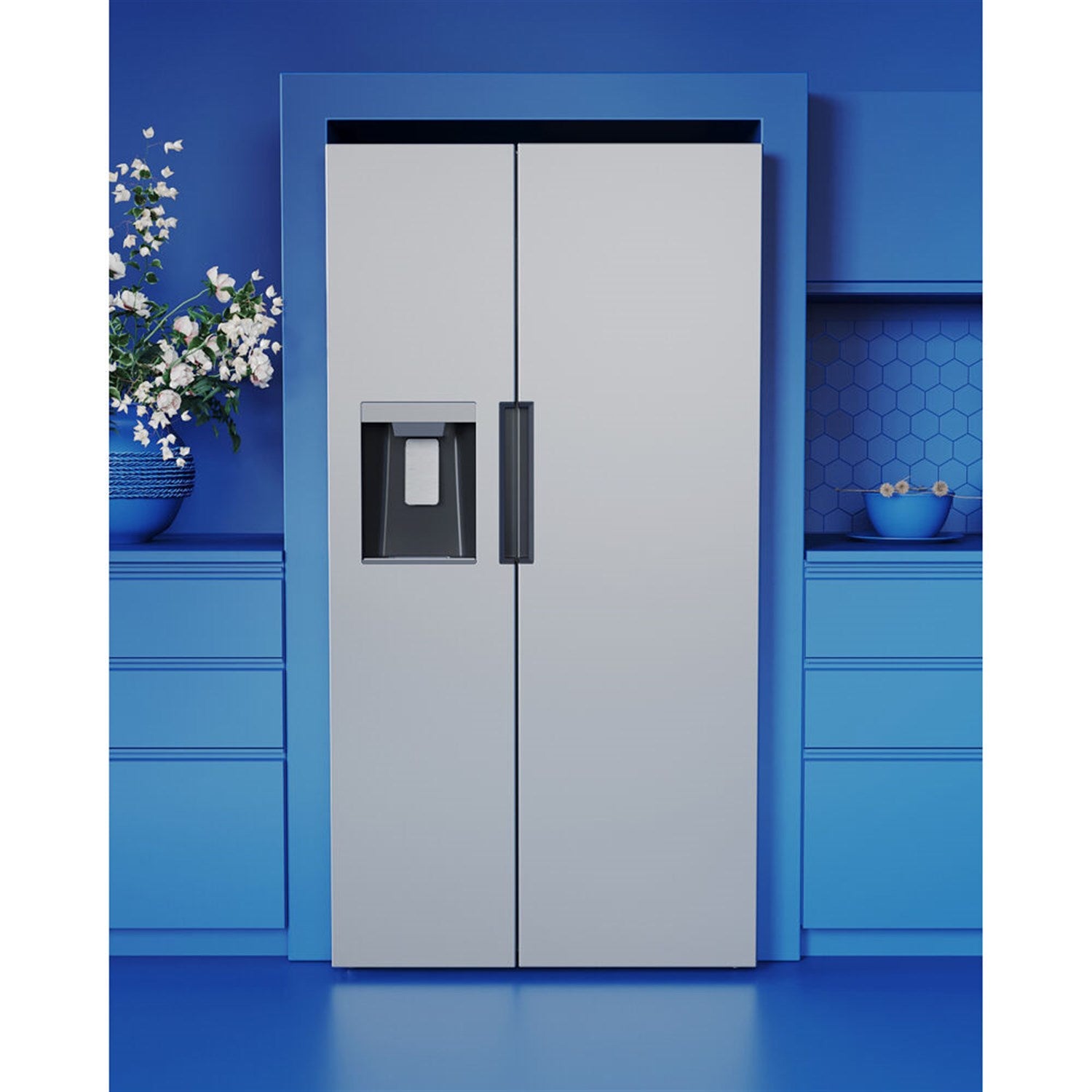 Side-by-side refrigerator with water dispenser panel and stainless steel doors