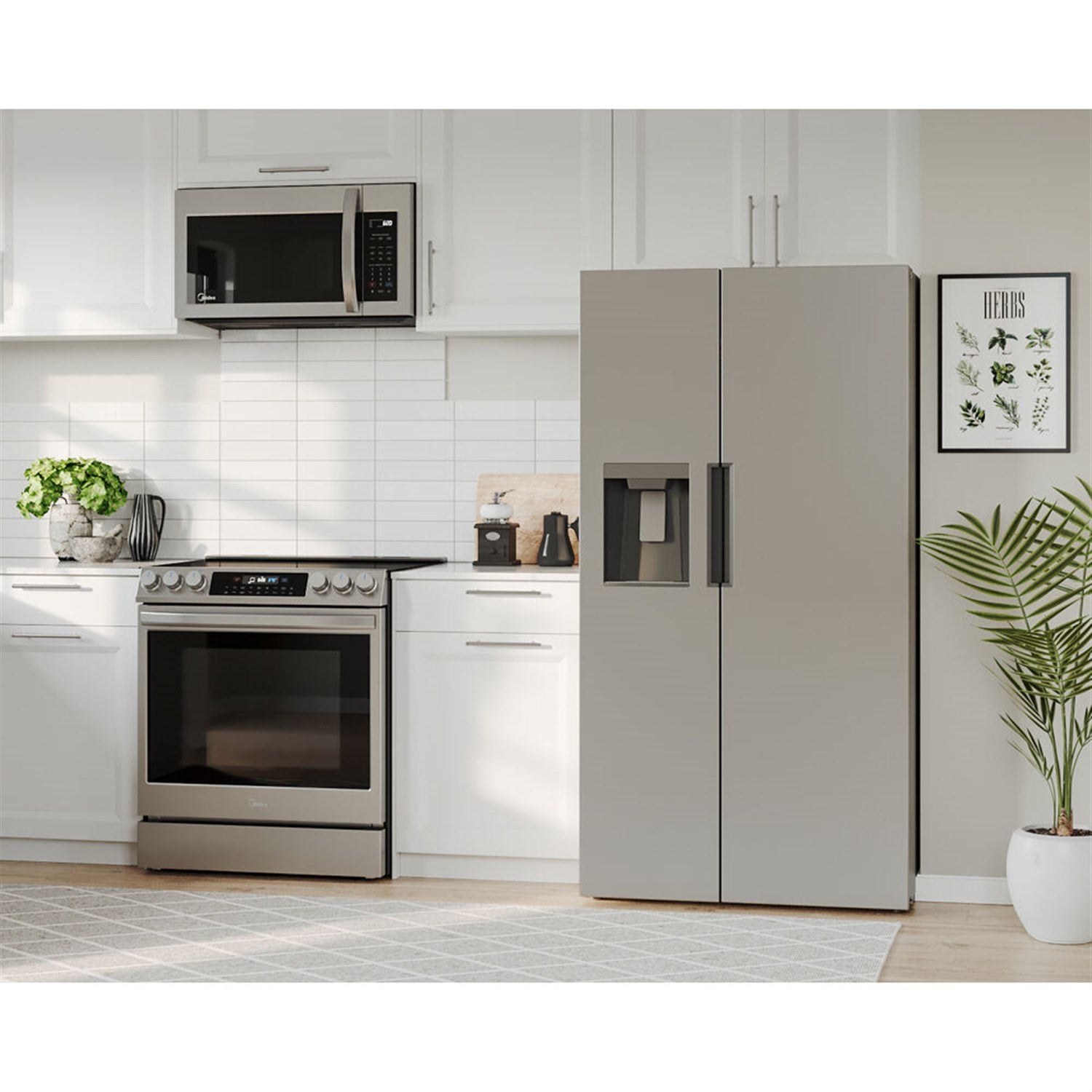 Freestanding side-by-side refrigerator in stainless steel with water dispenser
