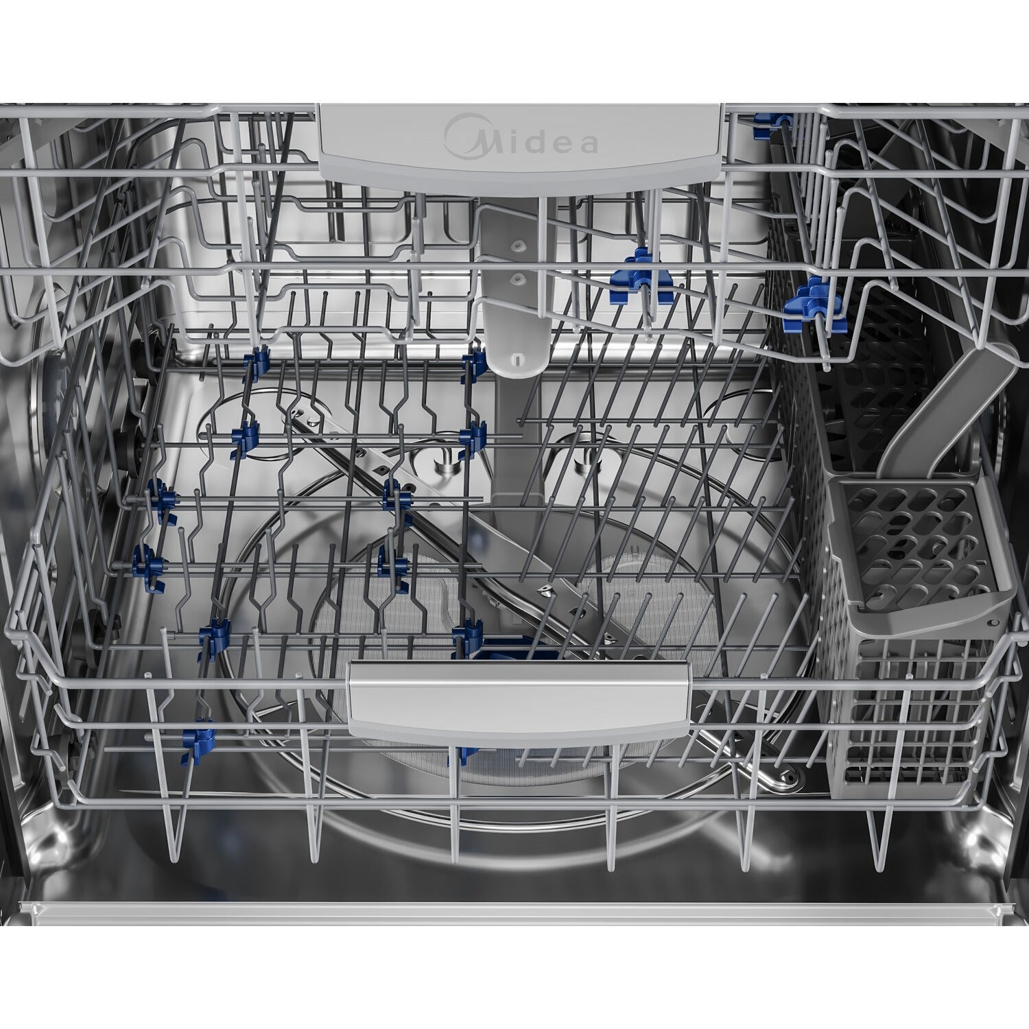 Built-in dishwasher interior with blue water jets, Midea logo, and wire racks