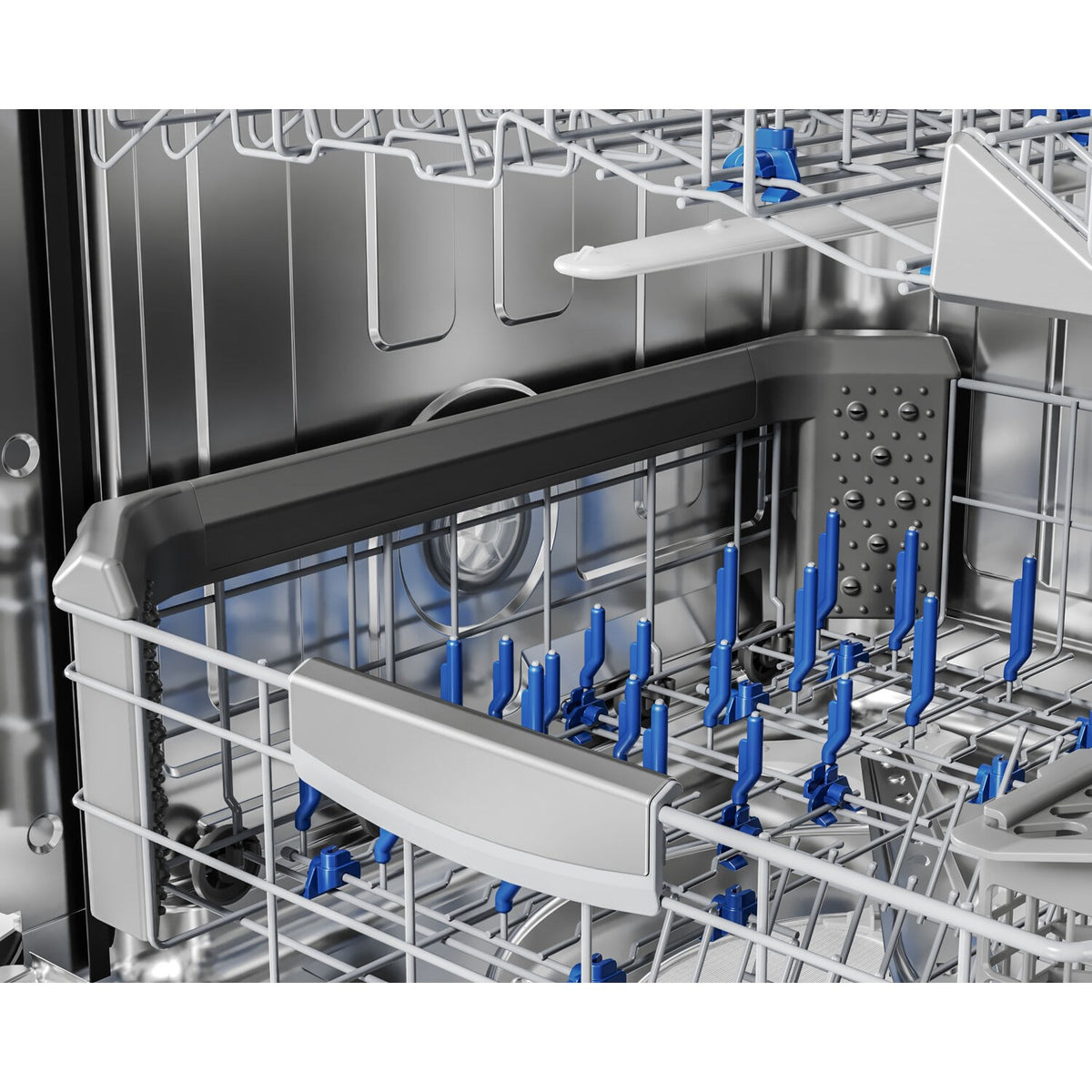 Built-in stainless steel dishwasher interior with blue prongs on lower rack