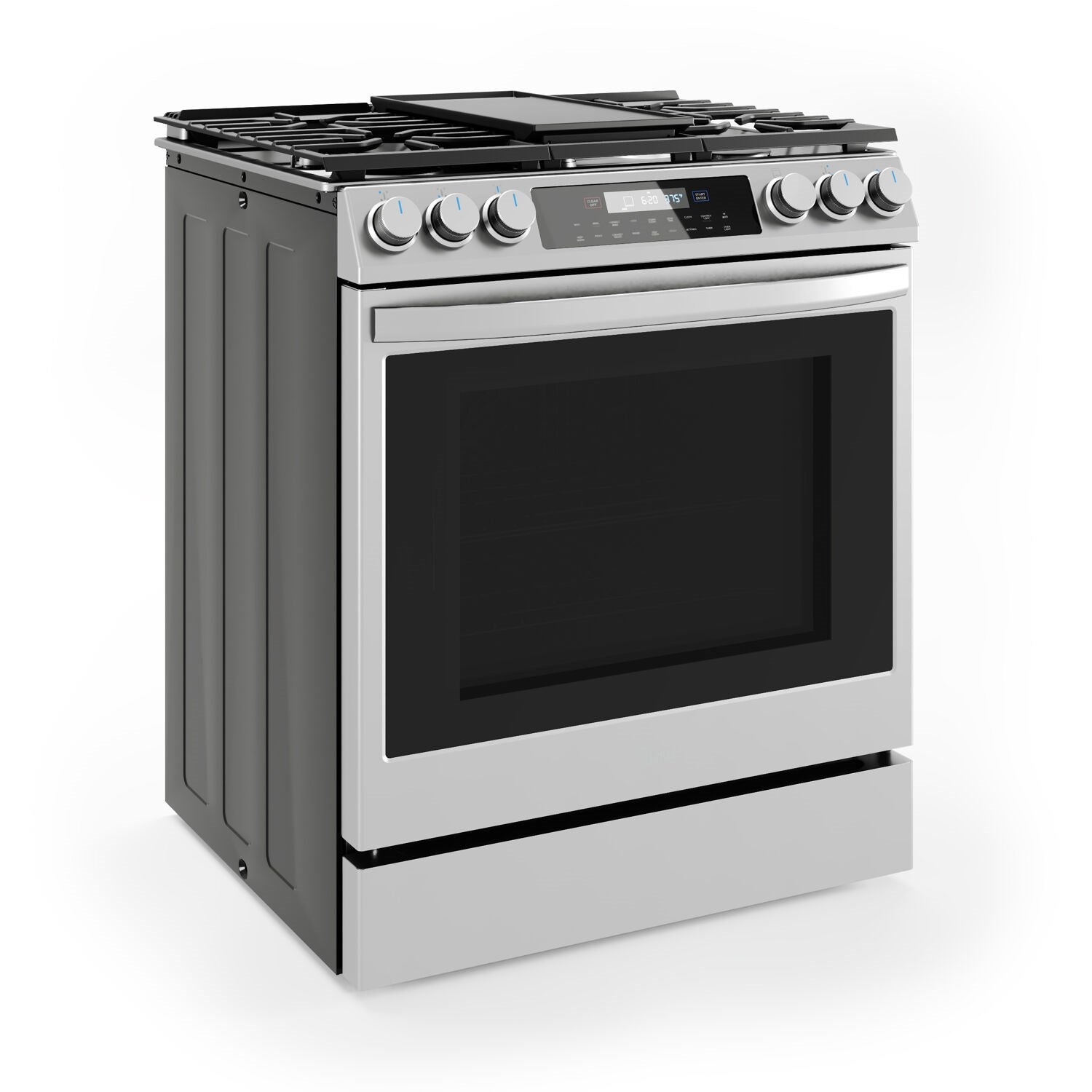 Stainless steel gas range with five burner grates, control panel, and closed oven door