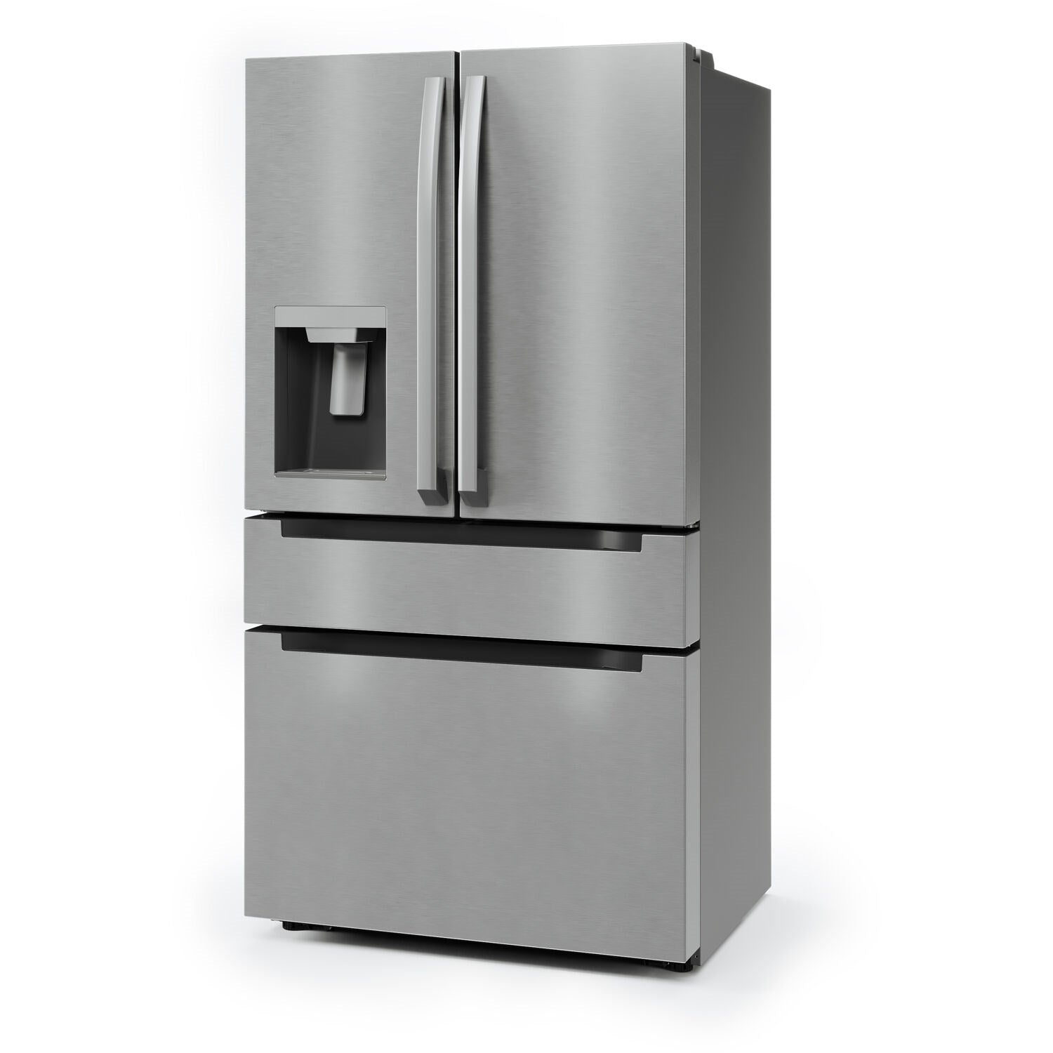 Stainless steel French-door refrigerator with water dispenser and side handles