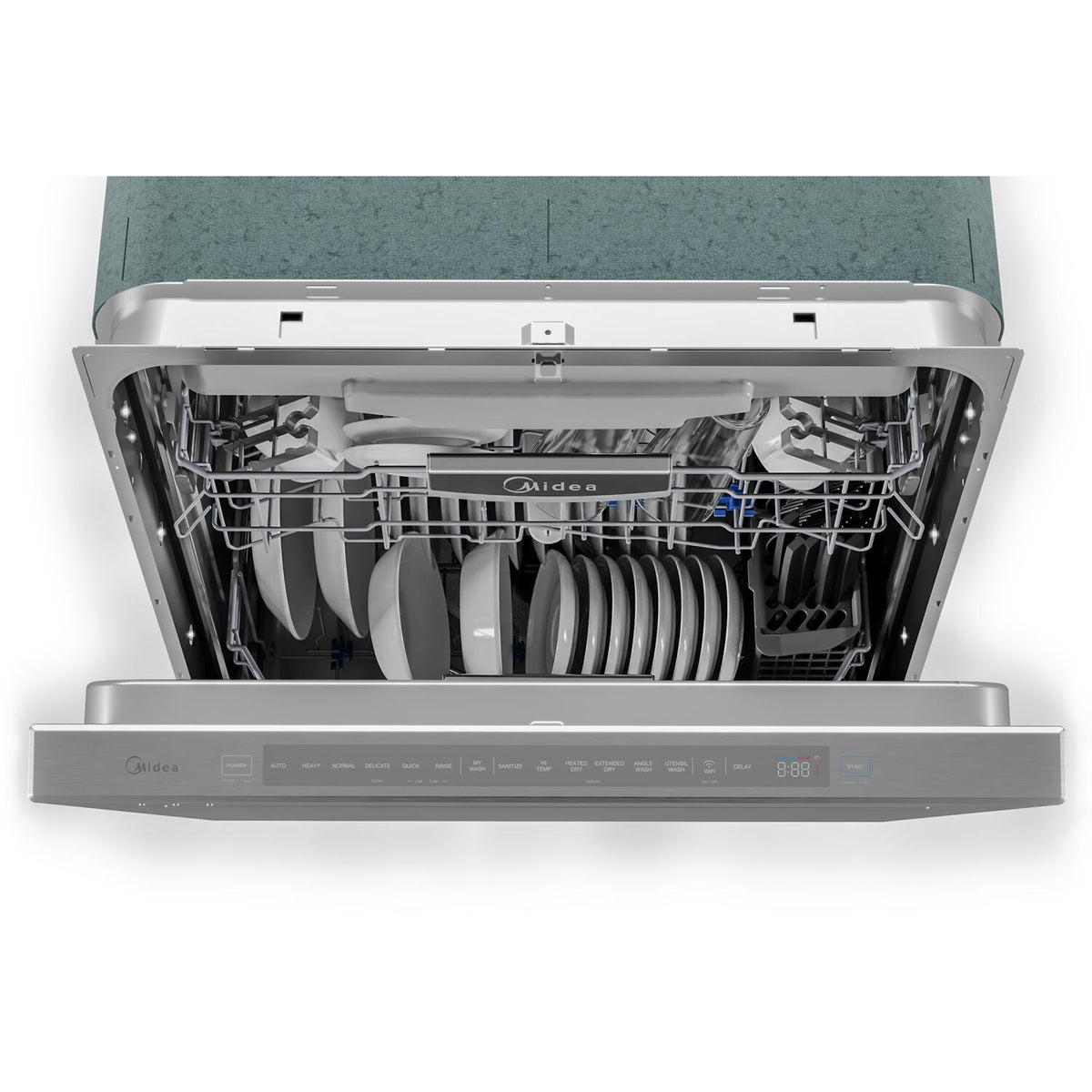 Built-in dishwasher interior with upper and lower racks visible, door open