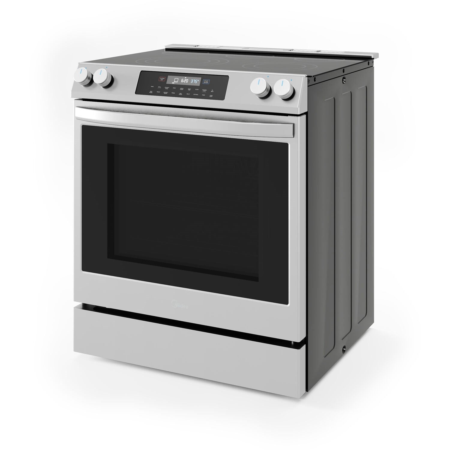 Stainless steel electric slide-in range with black oven window and right-side door