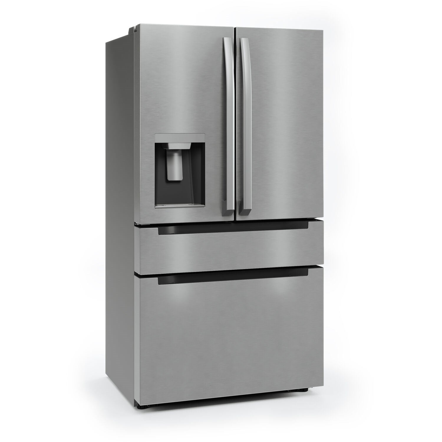 Stainless steel French-door refrigerator with water dispenser on front door