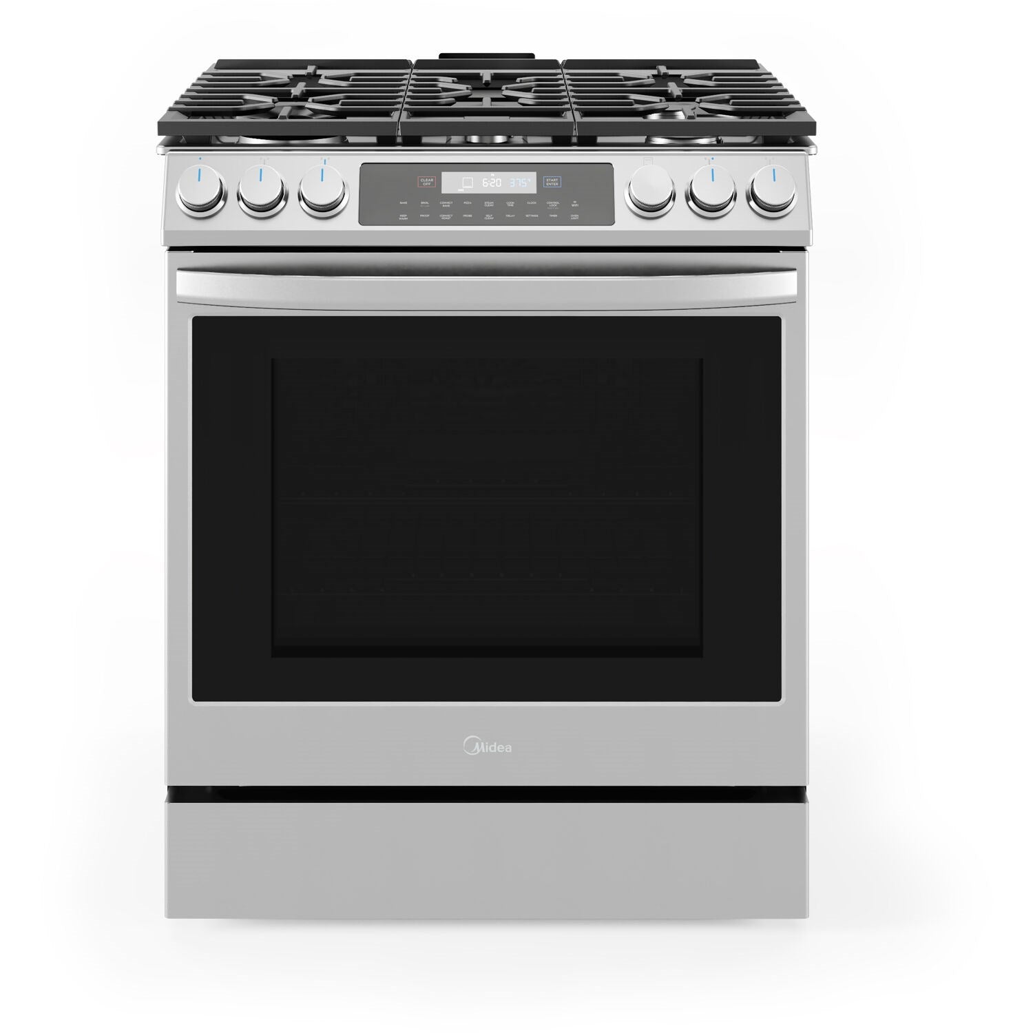 Stainless steel slide-in gas range with five sealed burners and black glass oven door