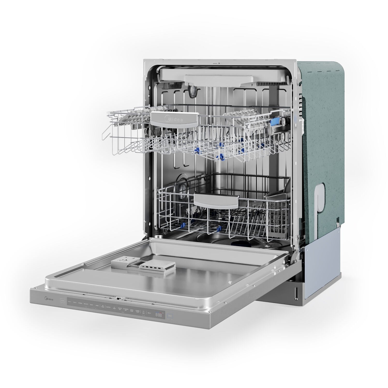 Open built-in stainless steel dishwasher with full racks and spray system inside