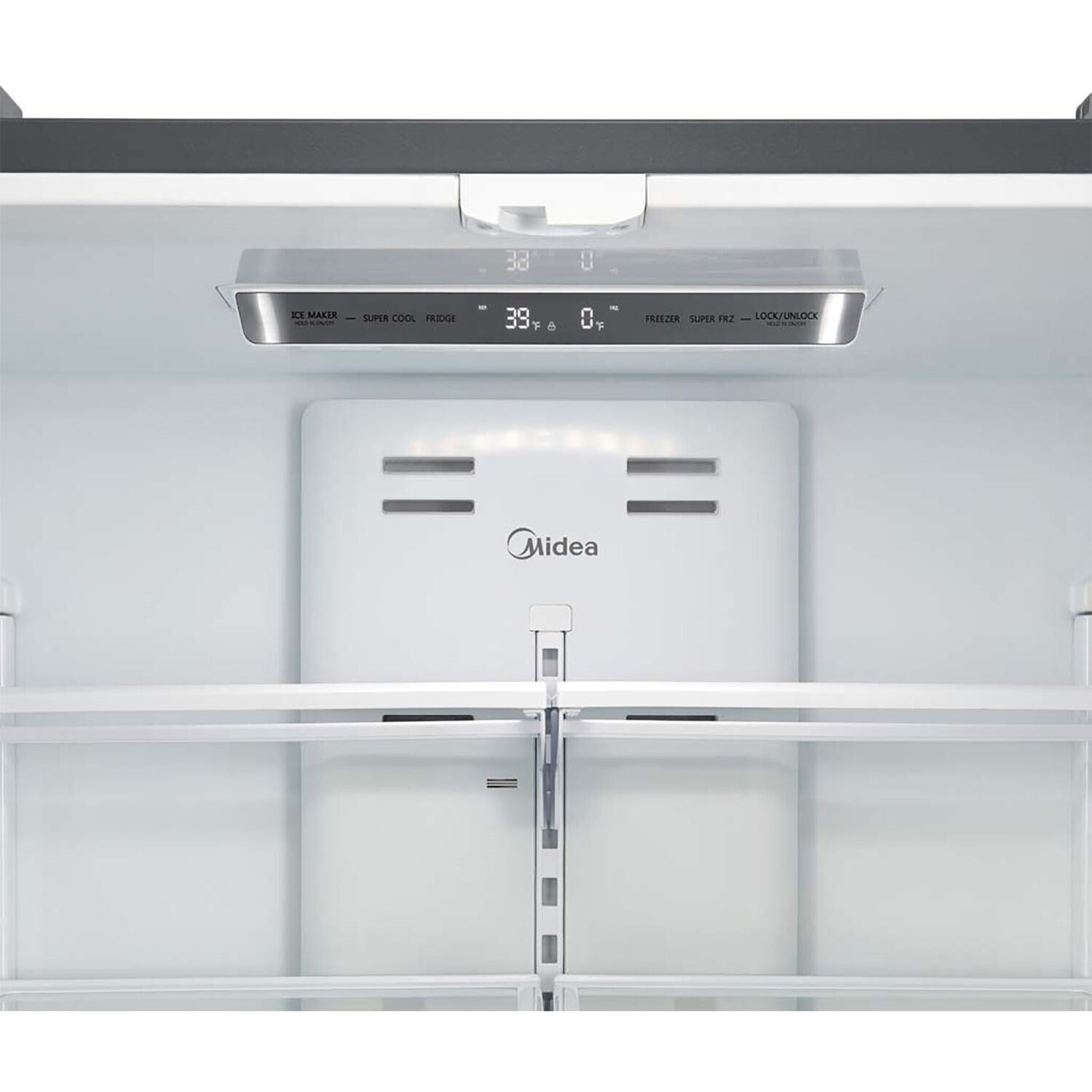 Midea French door refrigerator control panel with digital display and settings
