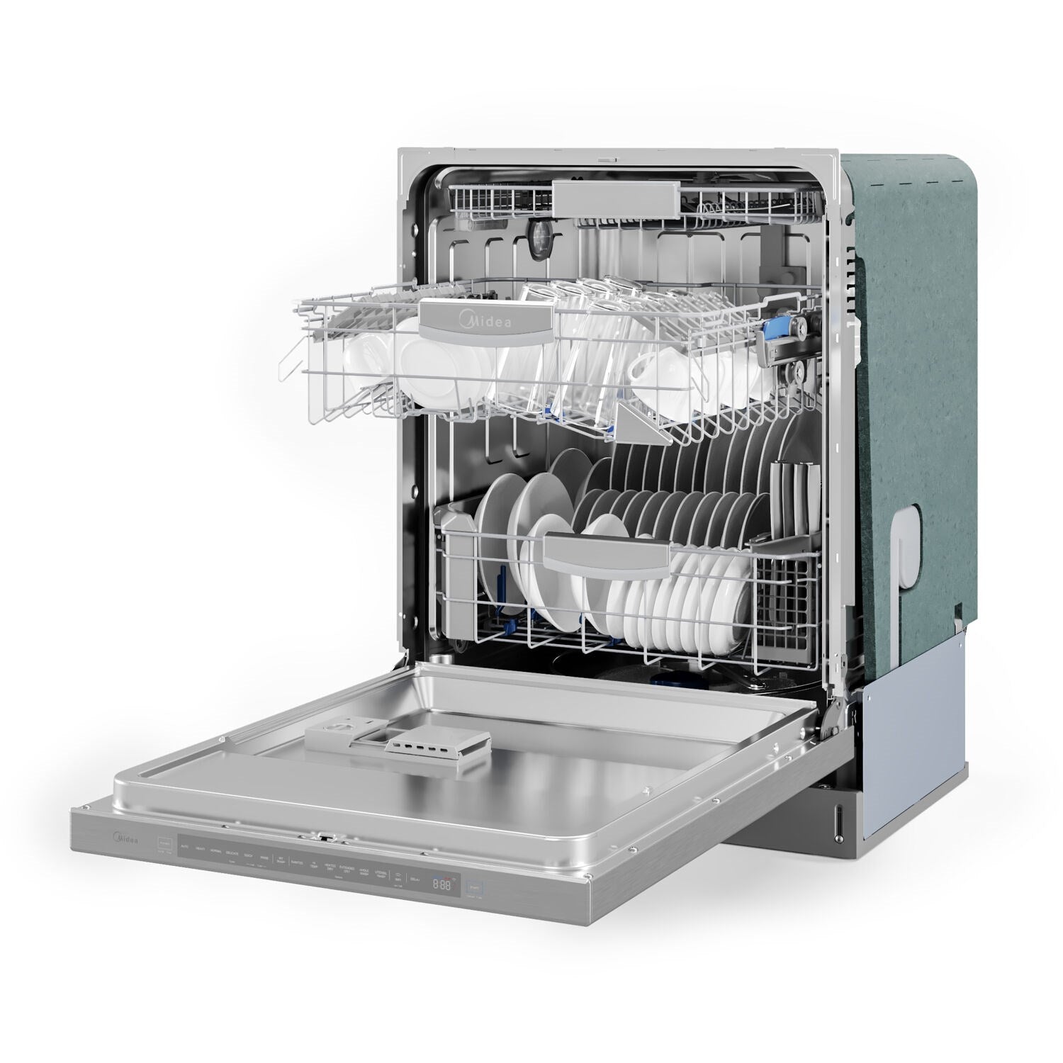 Stainless steel dishwasher open with stacked plate rack and upper baskets