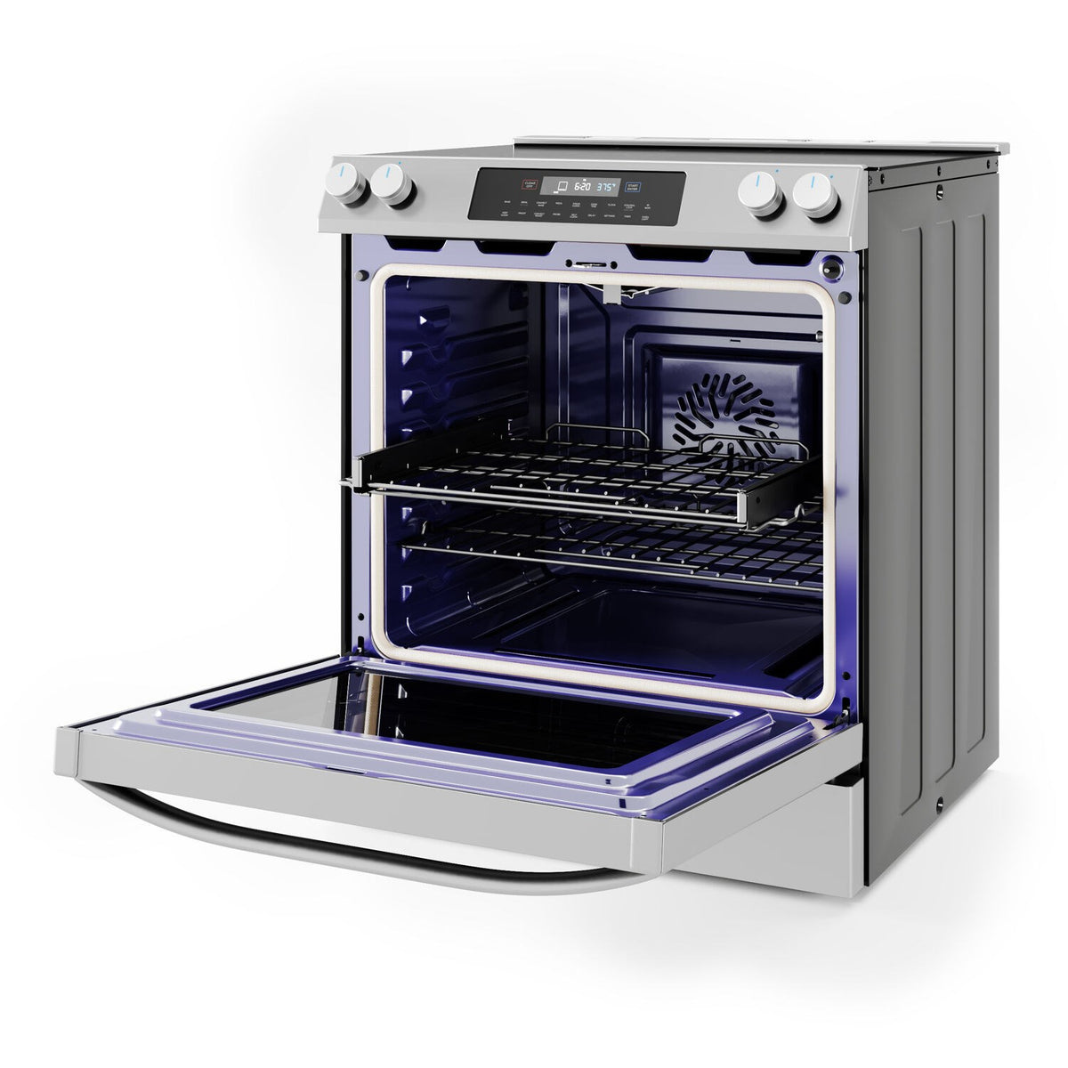 Stainless steel electric range with open oven door showing lit racks and baking surface