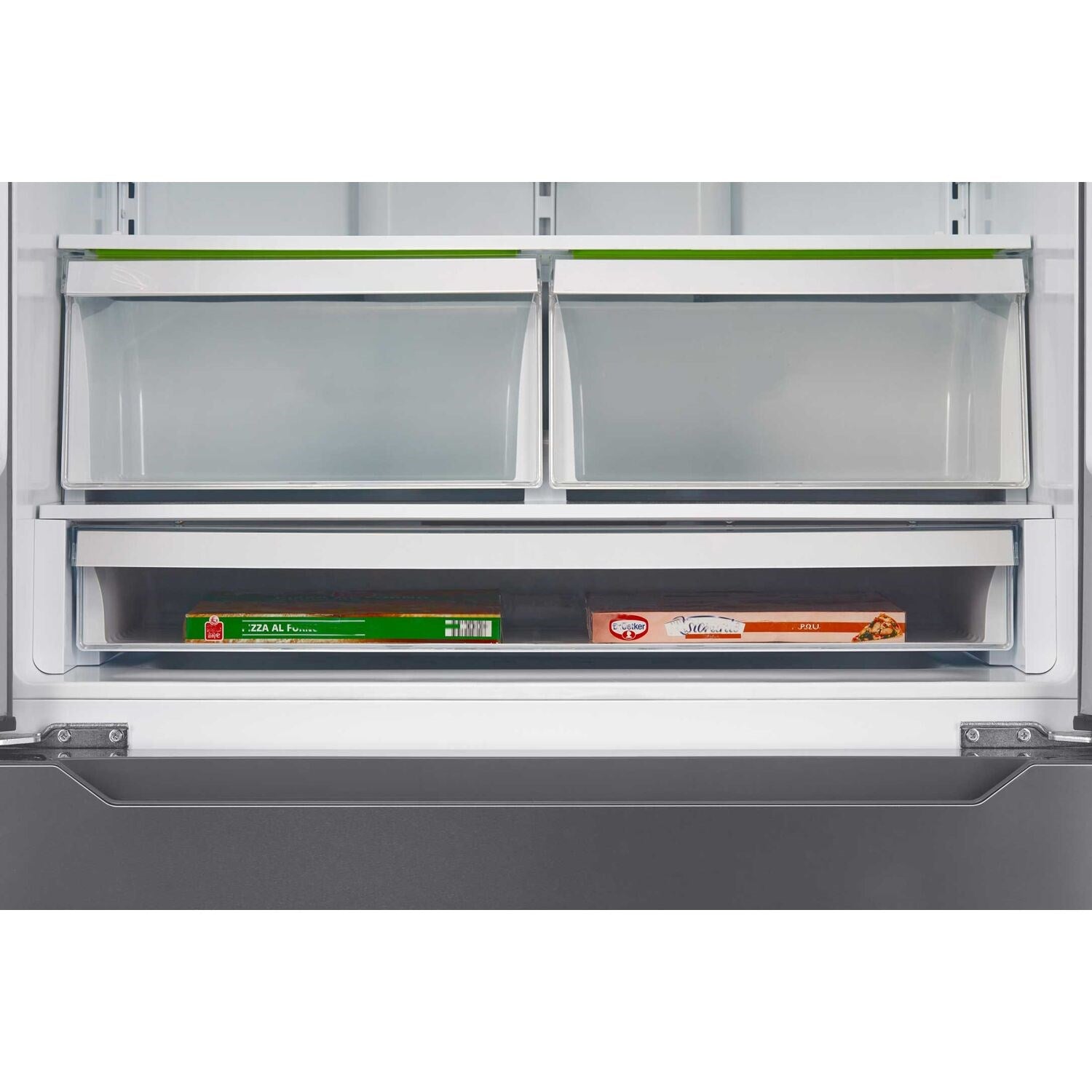 Opened refrigerator door showing deli drawer and adjustable interior storage