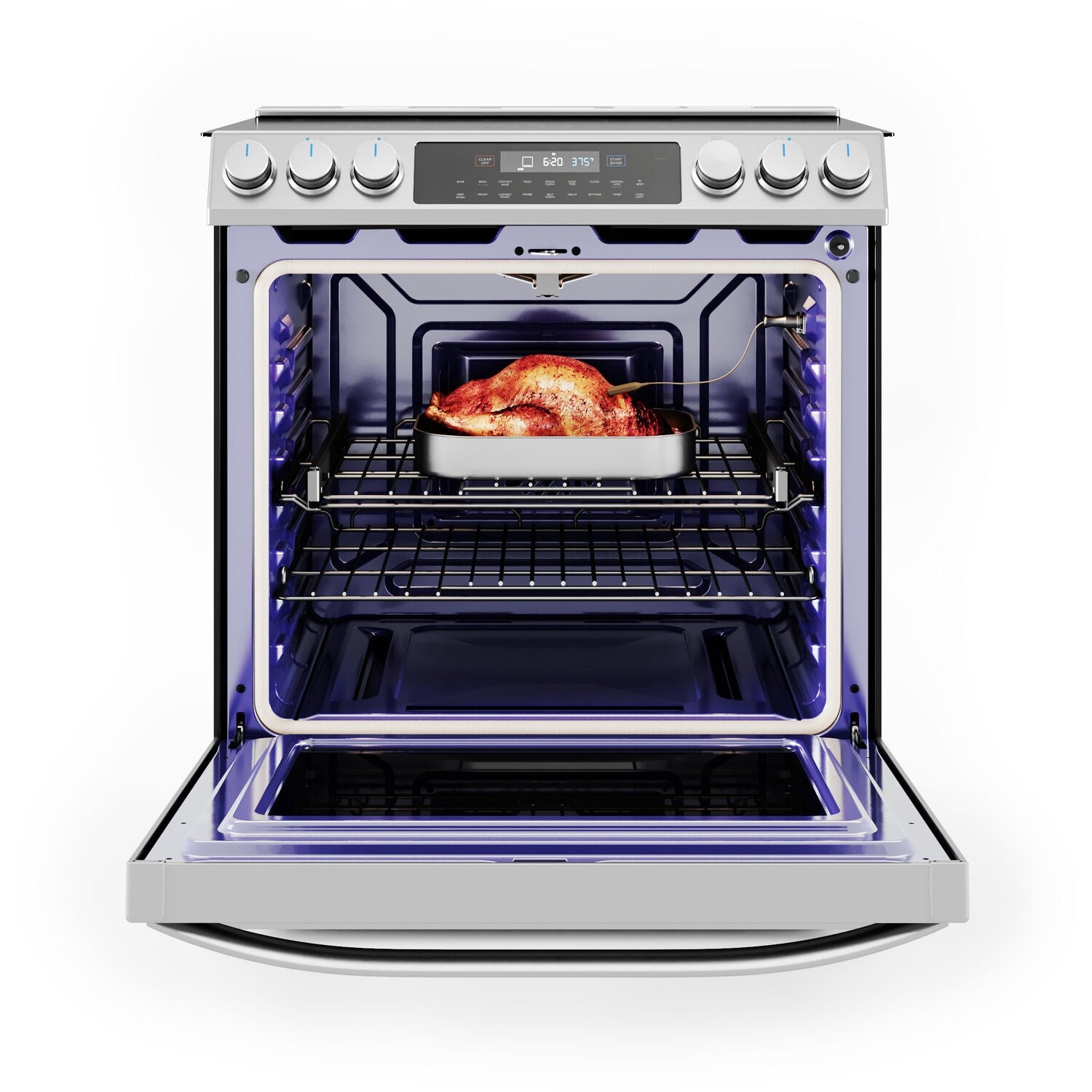 Stainless electric range with open oven holding a roasted chicken on rack
