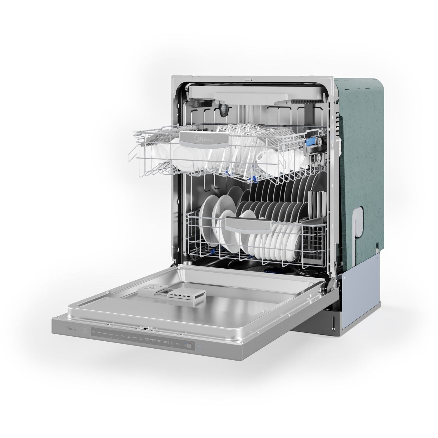 Open built-in dishwasher showing stacked racks and utensil holder in stainless tub