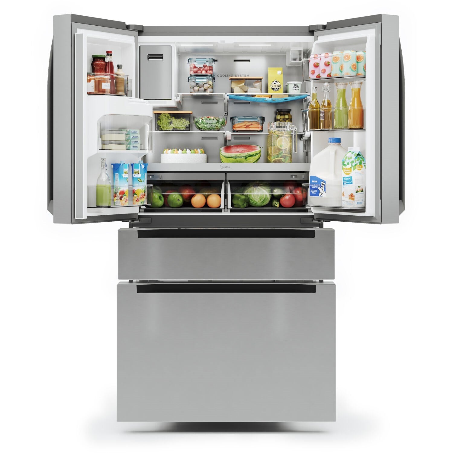 French-door refrigerator interior with multiple bins and shelves for groceries
