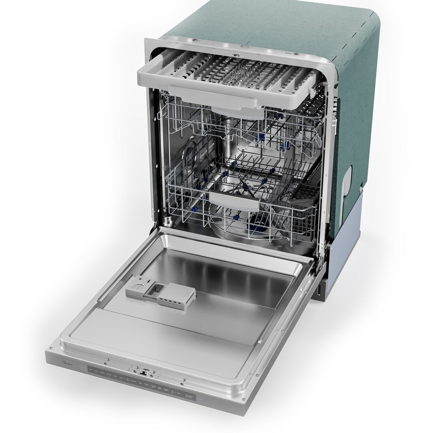 Open dishwasher view with racks and spray arms inside stainless steel interior