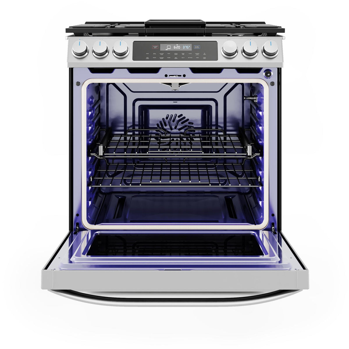 Open stainless steel gas oven with lit interior and empty racks under convection fan