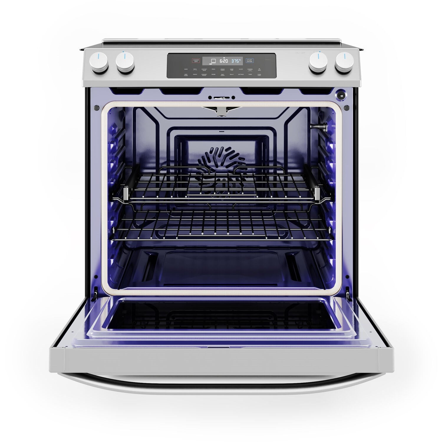 Stainless steel electric range with oven door open, interior racks illuminated