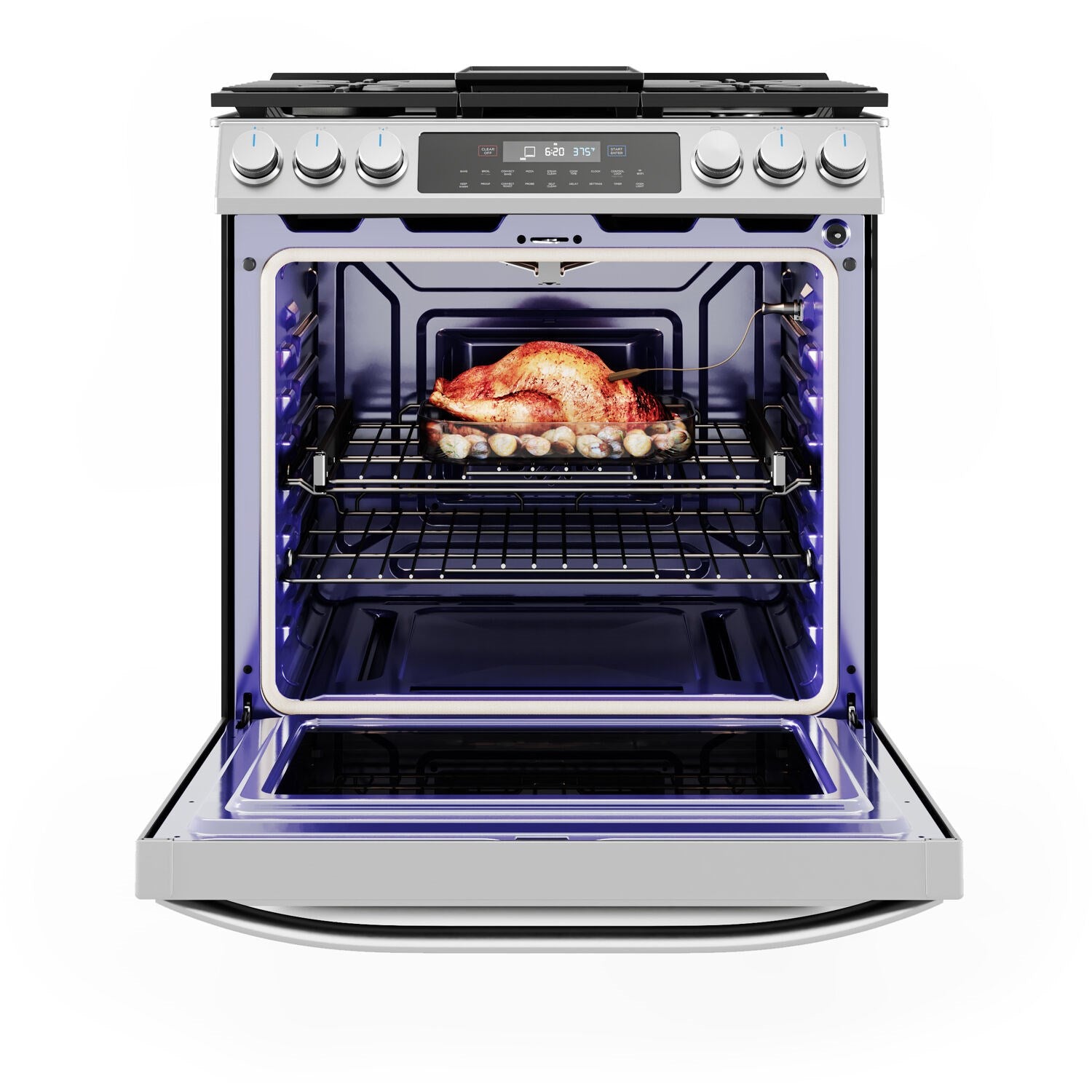 Open stainless steel gas oven with roasted chicken inside and illuminated convection fan