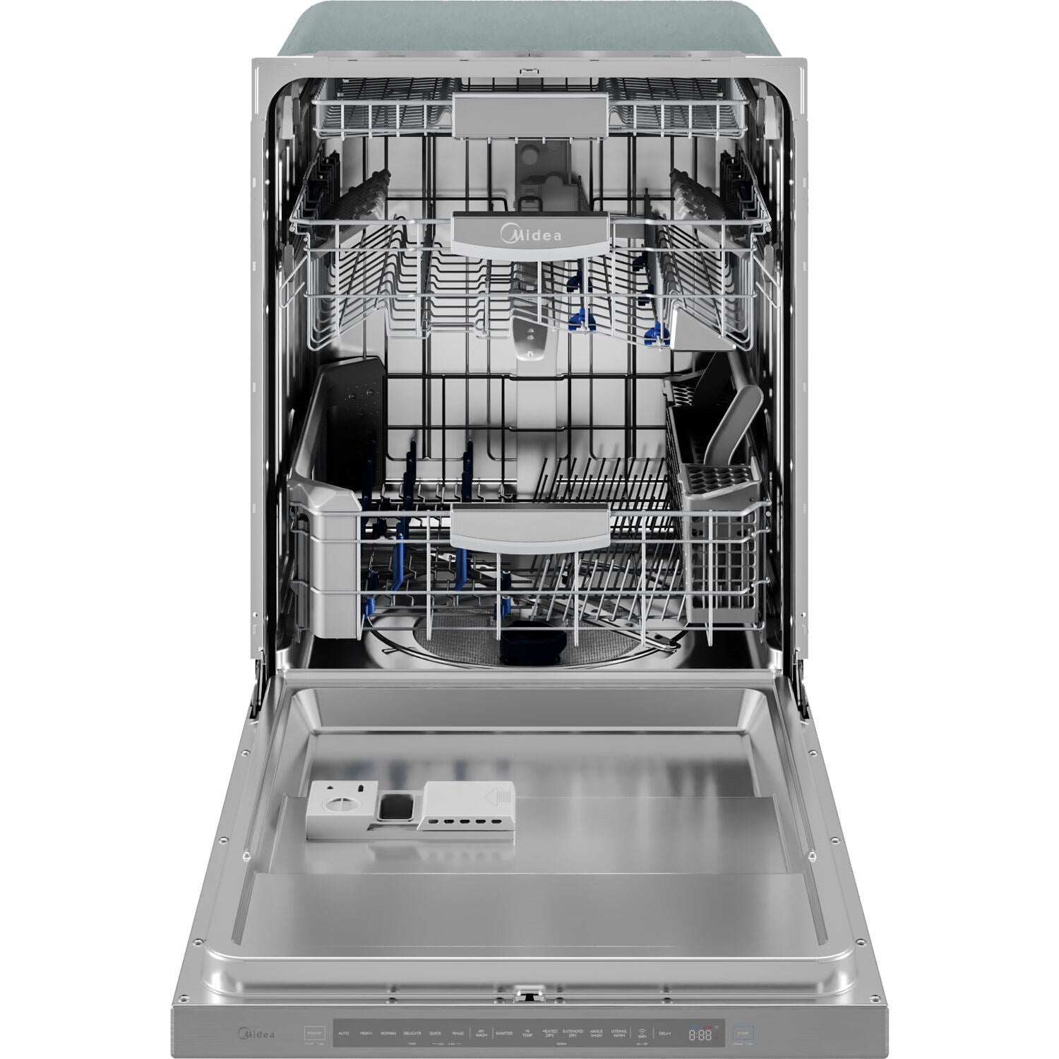 Stainless steel built-in dishwasher open front view with racks and spray arms