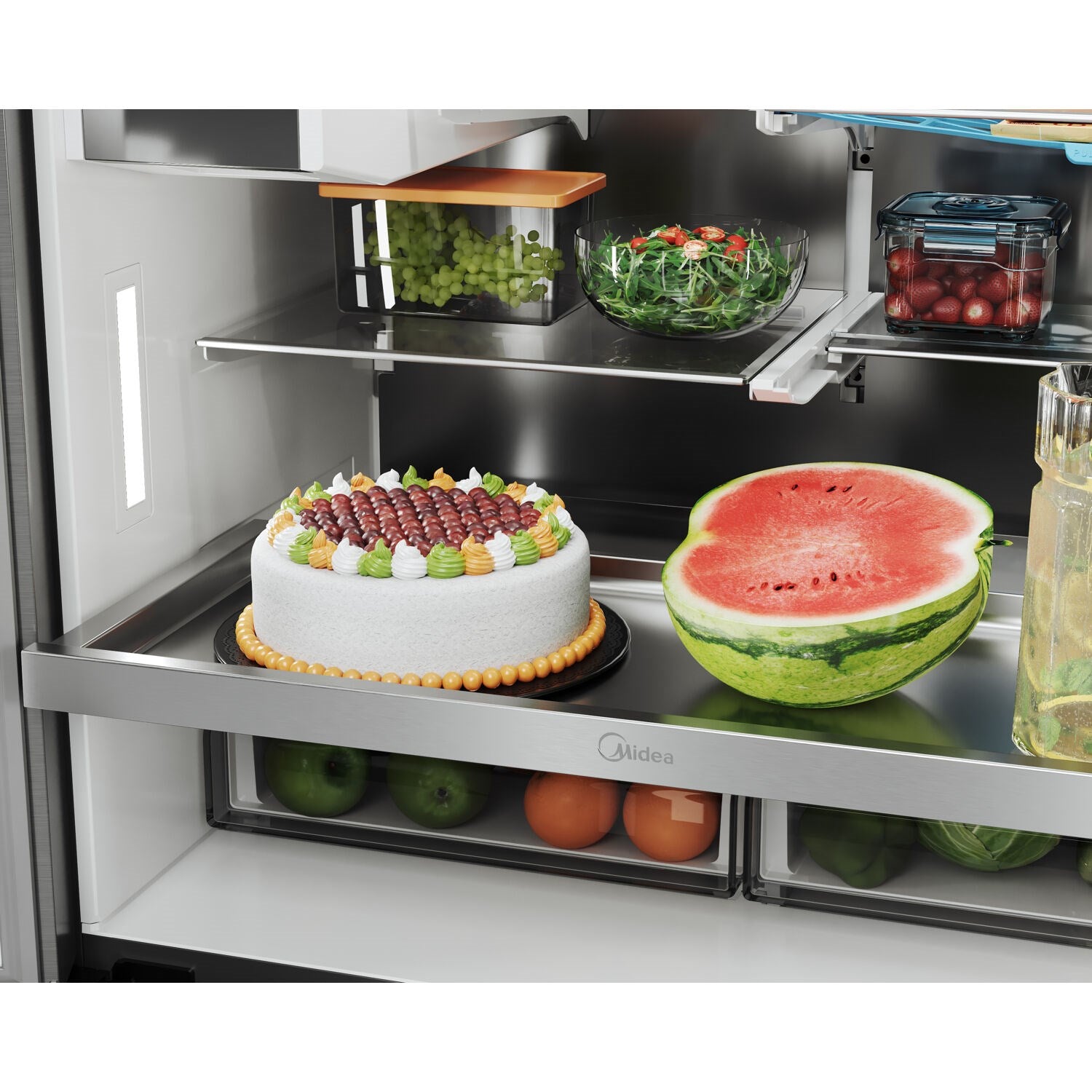 Refrigerator shelf with fruit and cake-style food items on glass panels