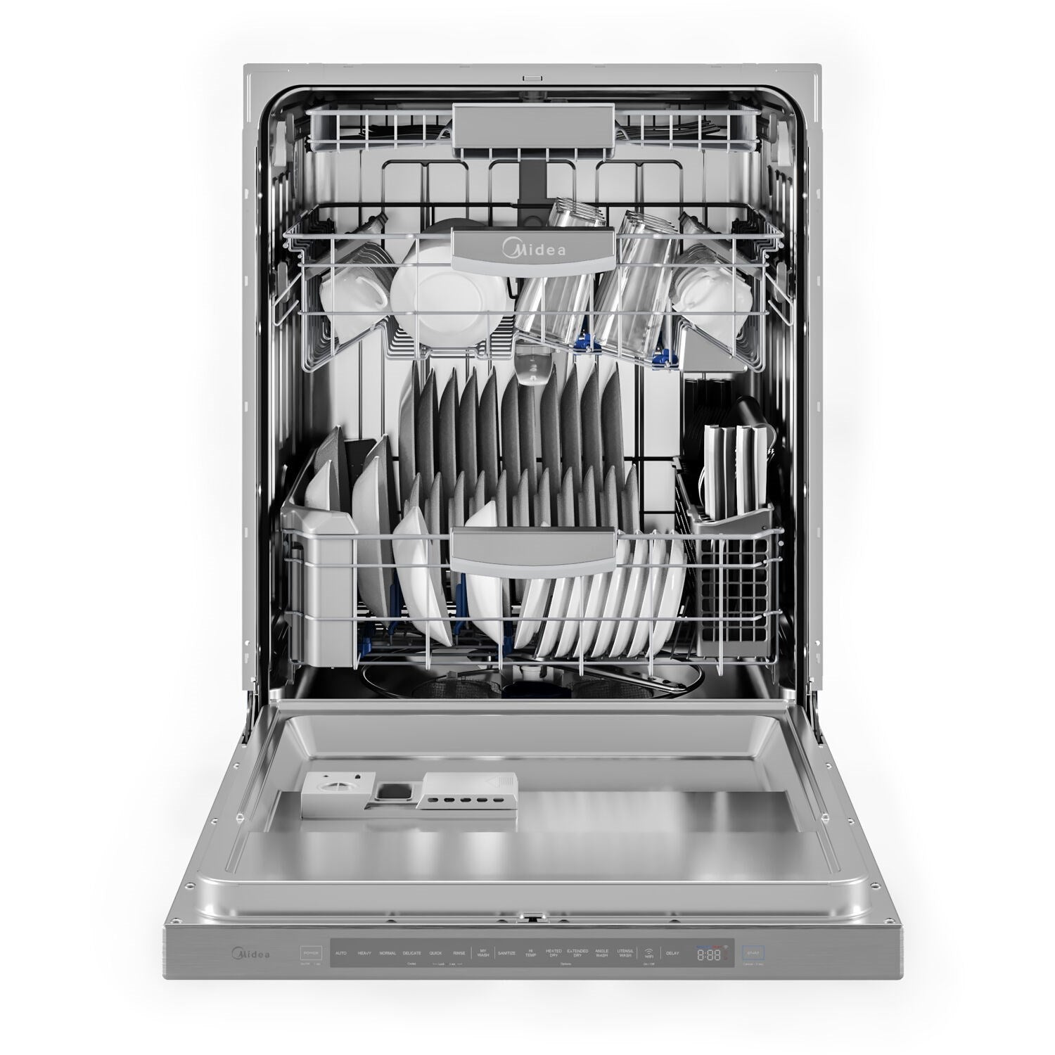 Stainless steel built-in dishwasher open front view with utensils and plate rack