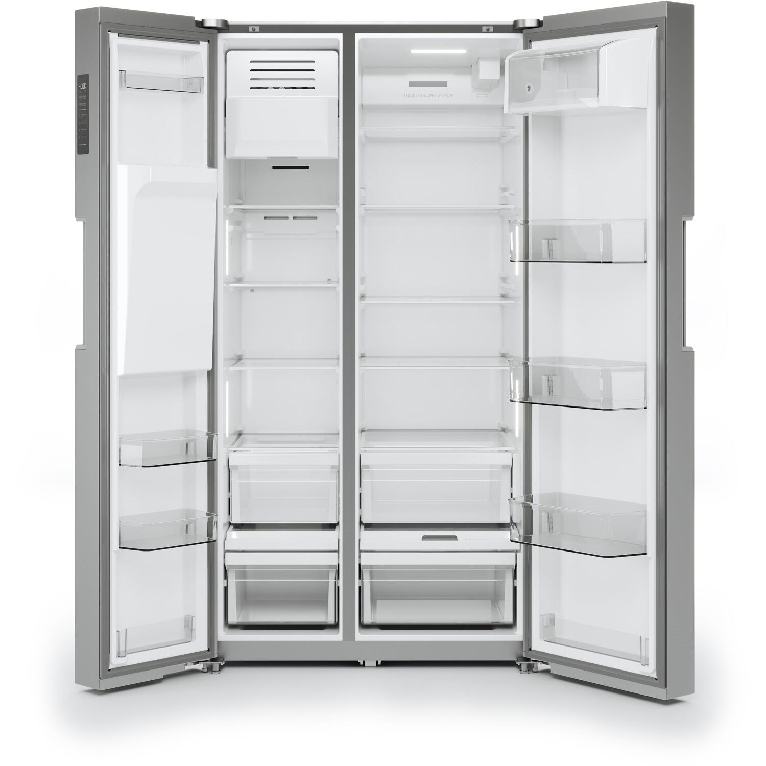 Open side-by-side refrigerator with clear glass shelves and drawers