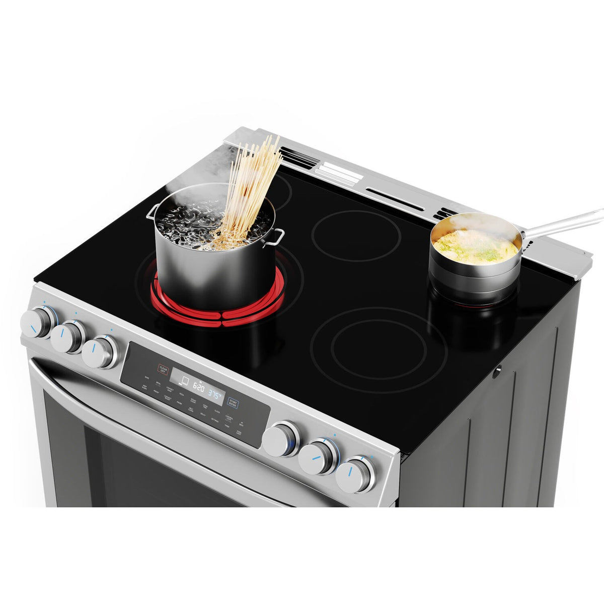 Stainless electric range with black glass cooktop, pot on burner, and ladle warming