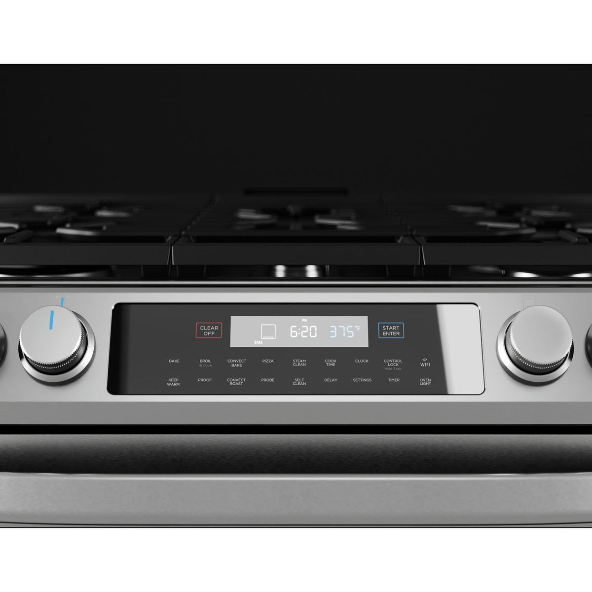 Stainless steel control panel with burner knobs and digital display