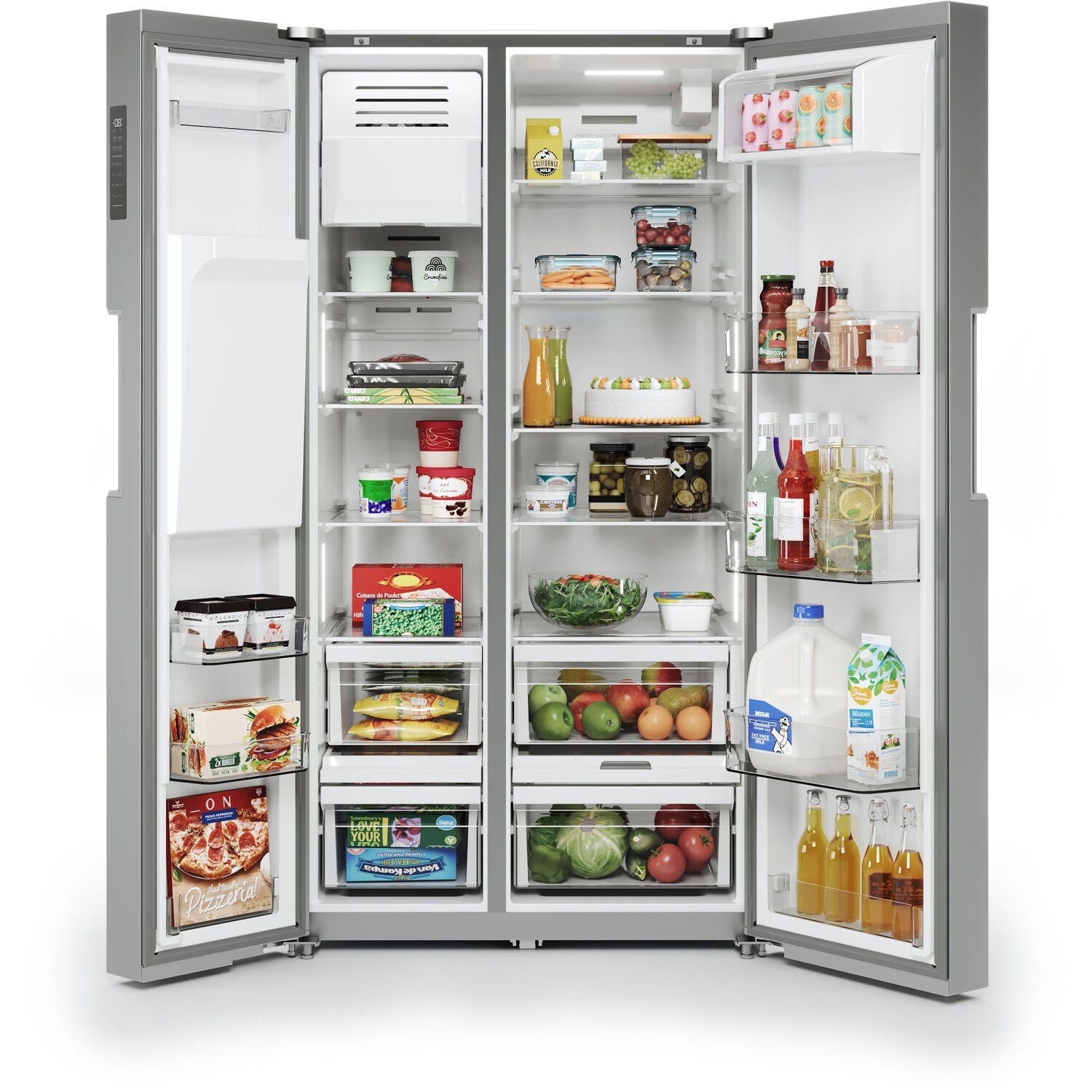 Open refrigerator interior with glass shelves, bottles, and fresh produce