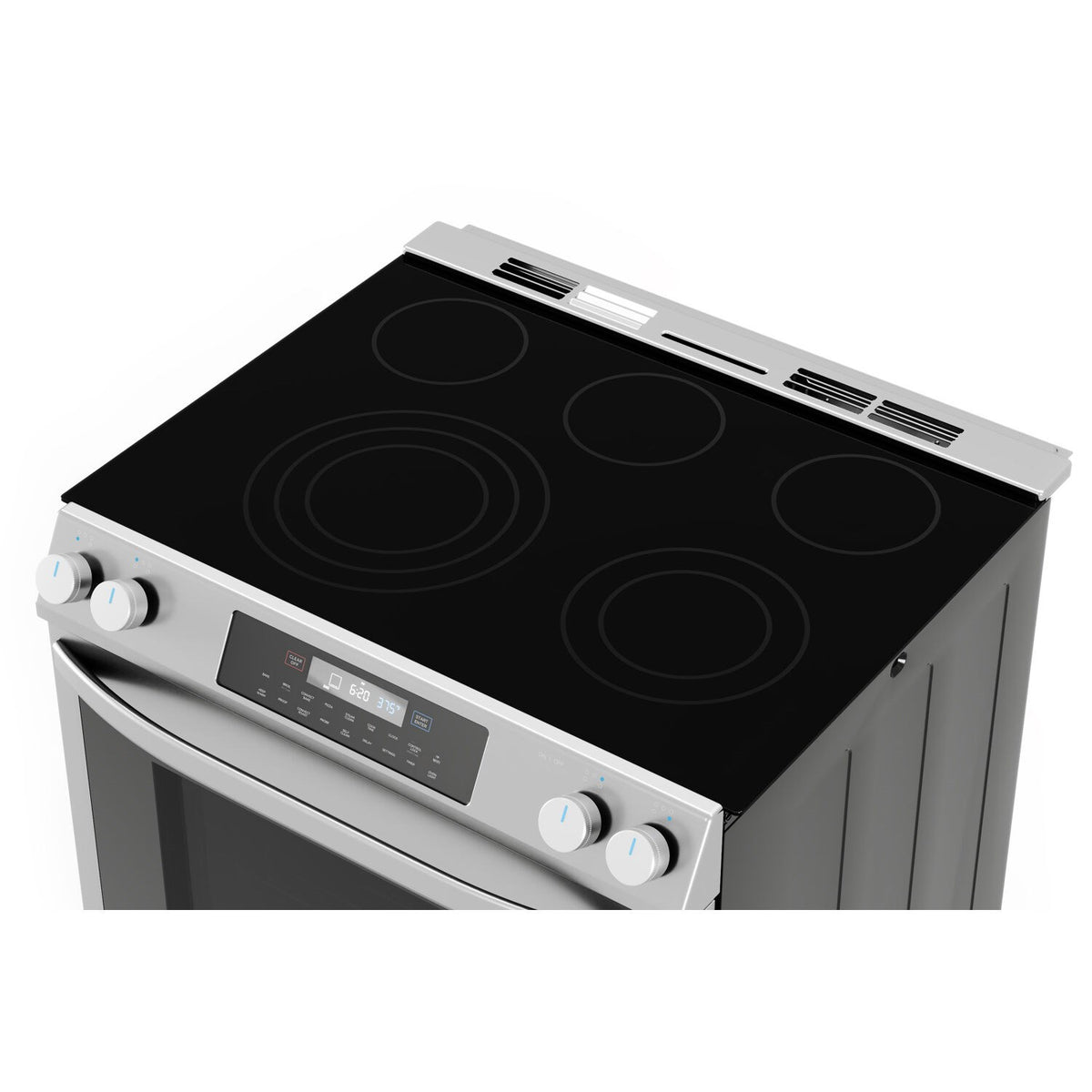 Stainless steel electric range with black glass cooktop and four coil-style burner circles
