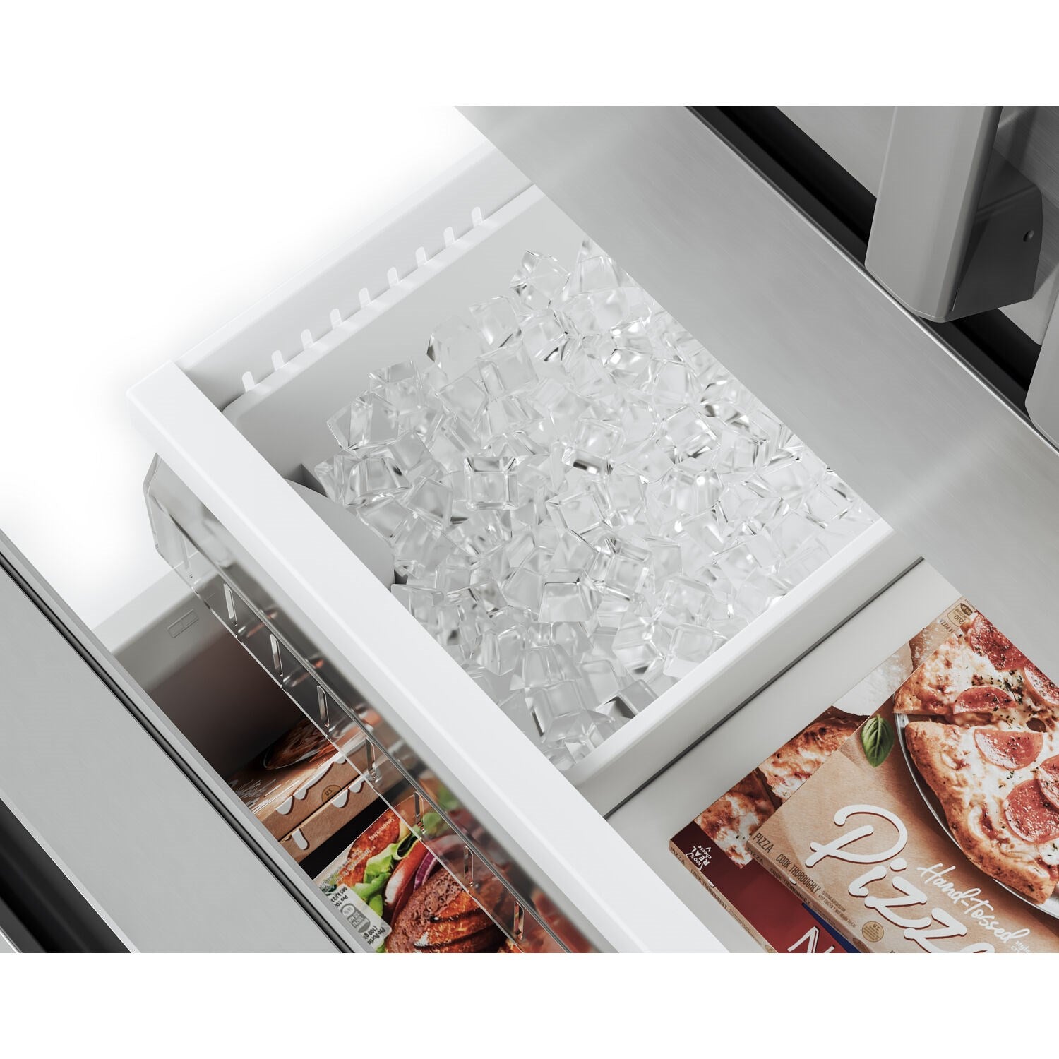 Refrigerator ice bin filled with ice cubes