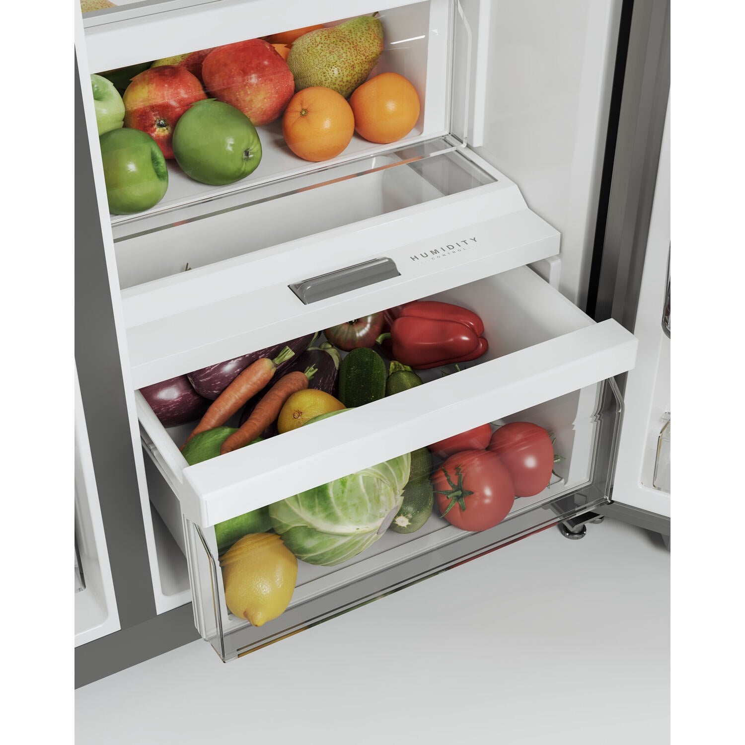 Refrigerator crisper drawer with humidity control and assorted fresh vegetables