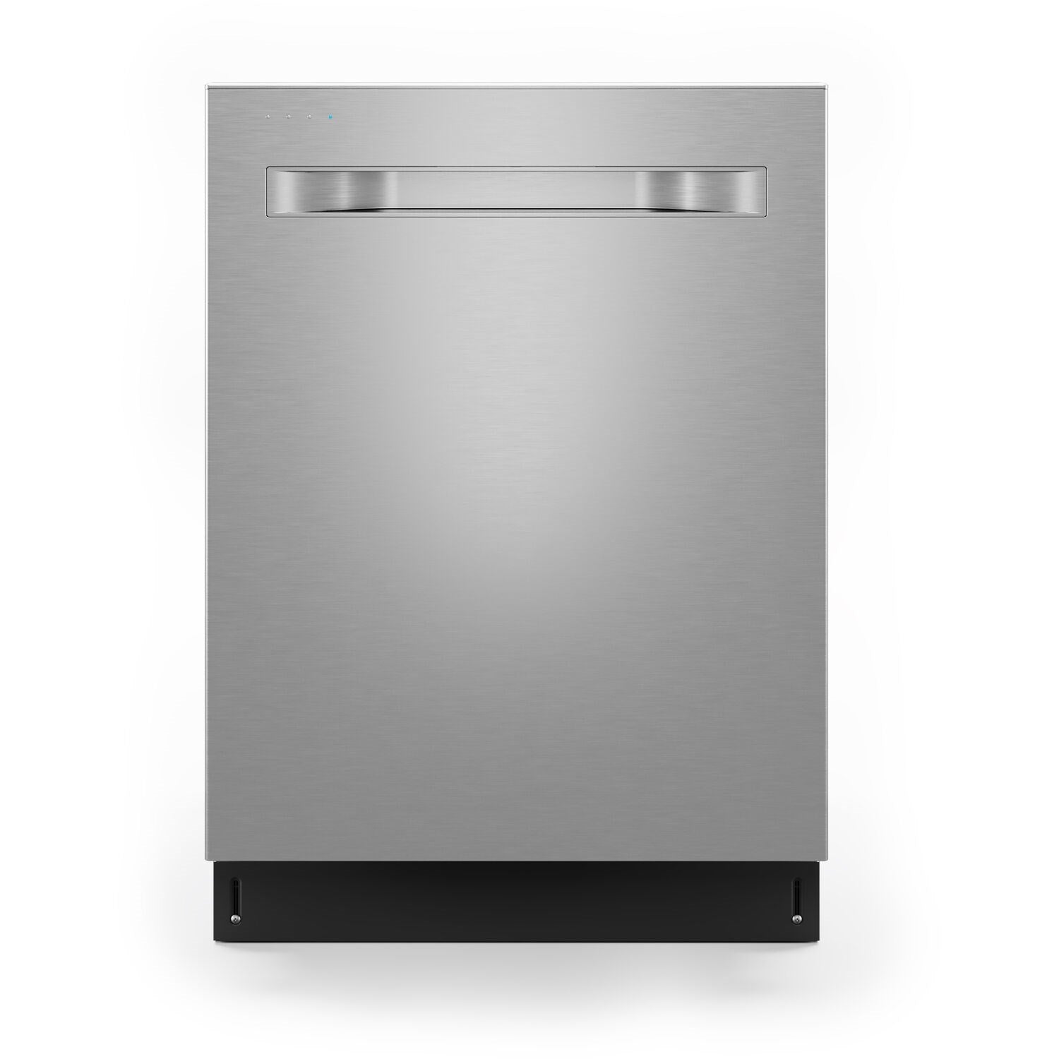 Stainless steel built-in dishwasher with top control panel and sleek front door
