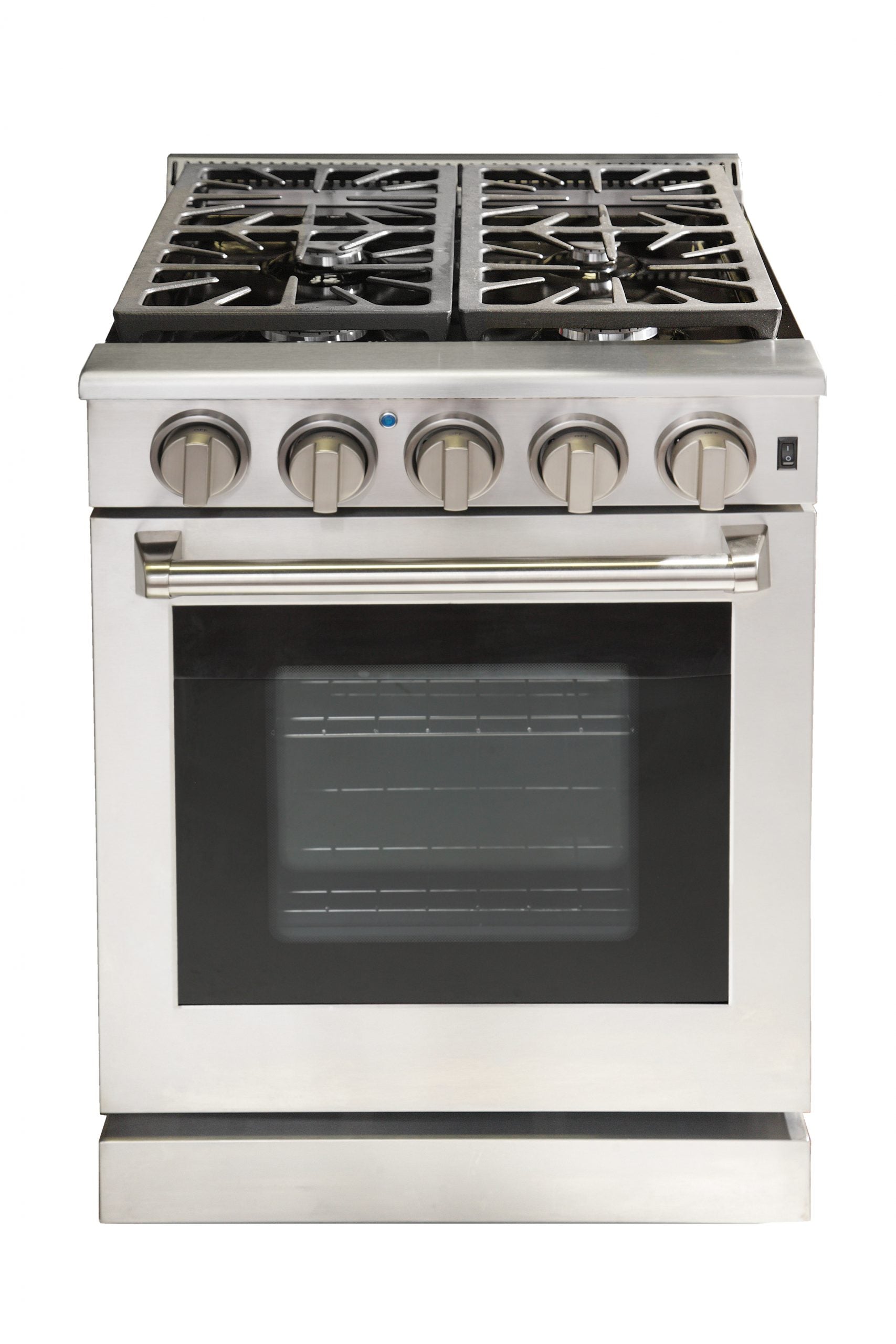 Stainless gas range front view with four burners and oven door with window