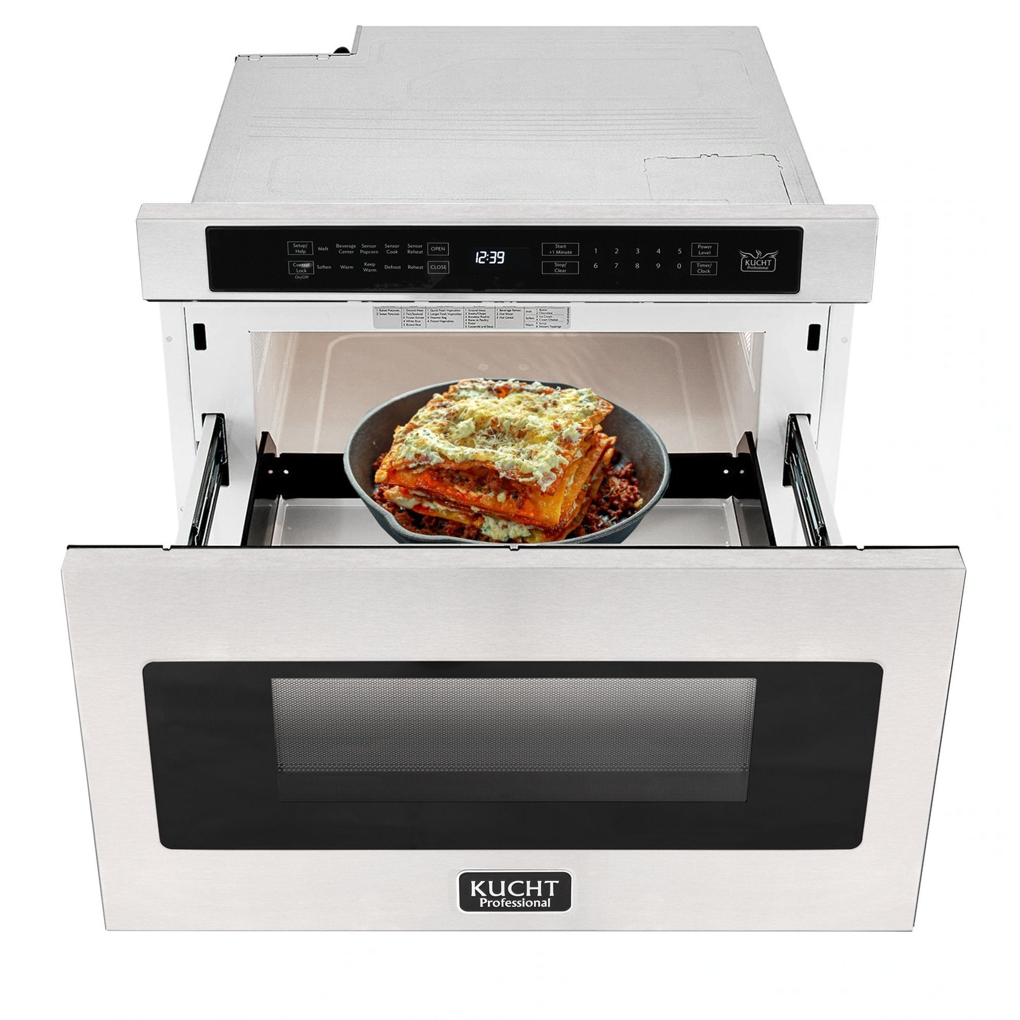Stainless microwave drawer with open cavity showing a round dish and black door