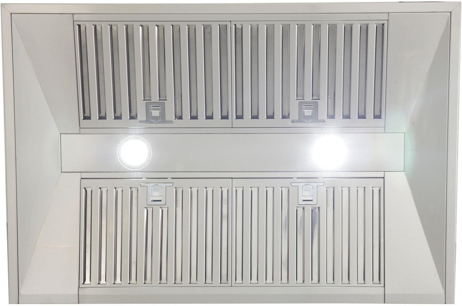 Stainless steel wall range hood with vent grille and two built-in lights