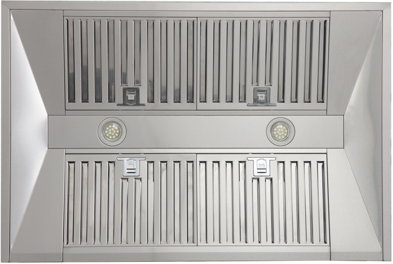 Stainless steel range hood front view with two circular lights and vent grille