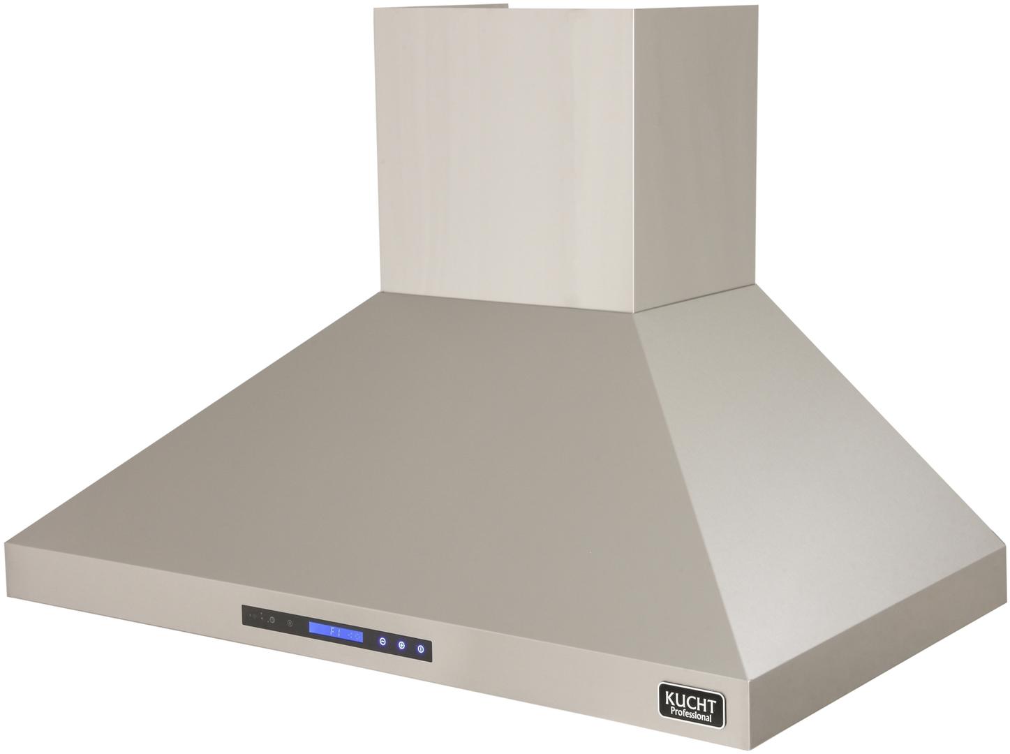 Stainless steel wall range hood with touch control bar and front corner Kucht logo