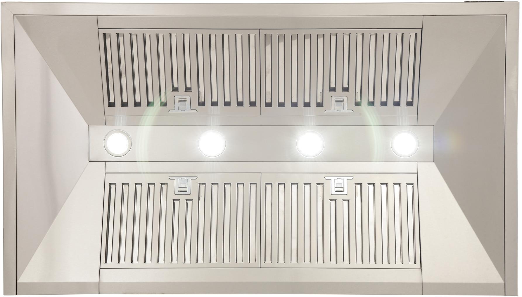 Stainless steel wall range hood front with vent grilles and bright LED lamp strip