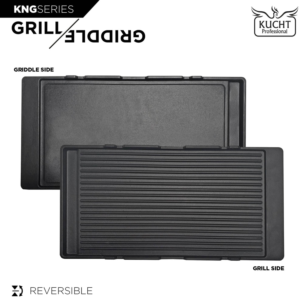 Reversible cast iron grill/griddle plate showing ribbed grill and smooth flat side