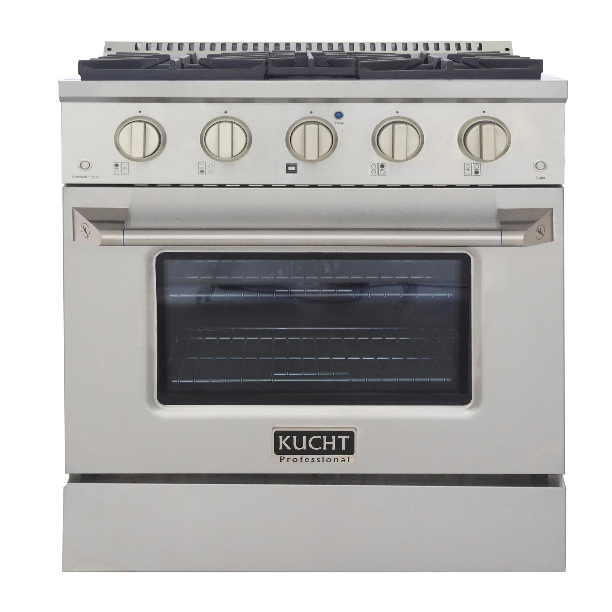 Stainless steel gas range front view with oven window and five control knobs