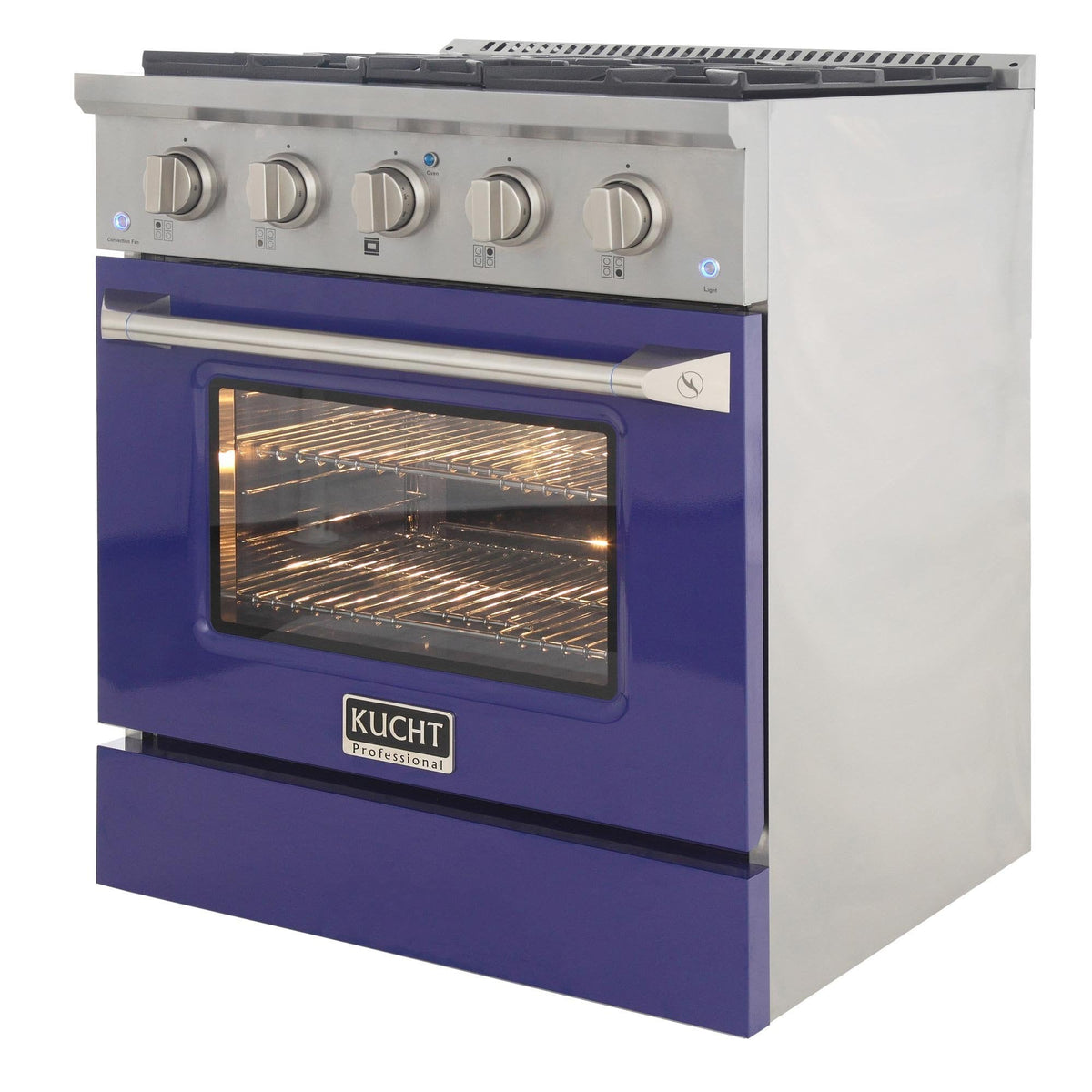 Blue gas range with oven door open, showing interior racks and stainless control panel