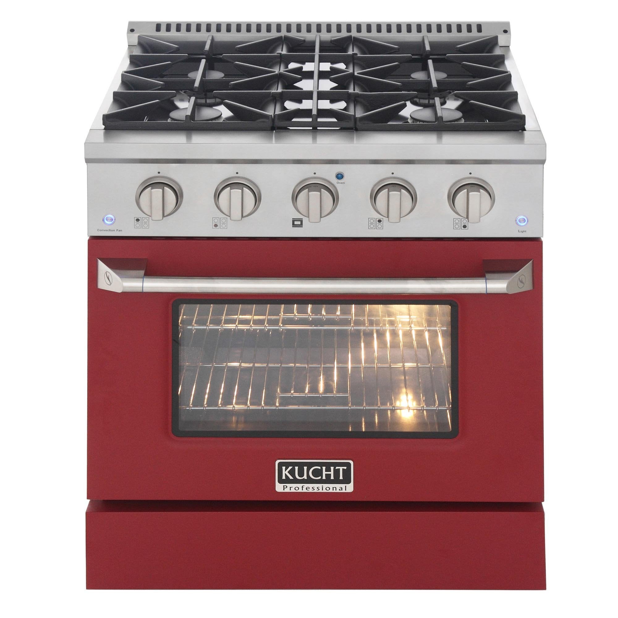 Red gas range with convection oven and five-burner griddle-style cooktop