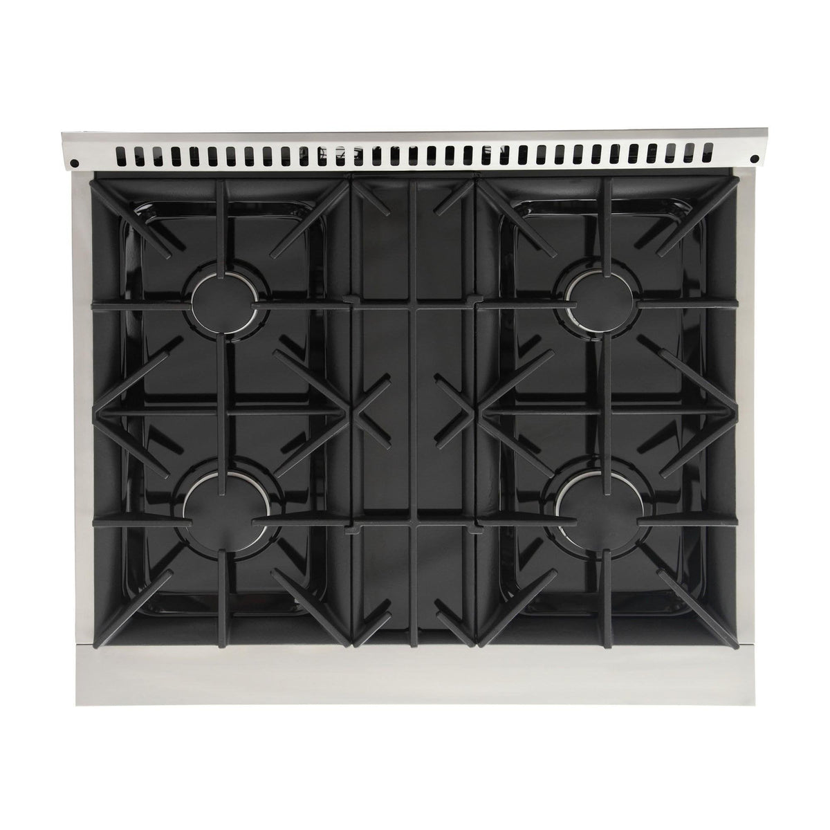 Gas range burner grates with four black burner heads and stainless frame