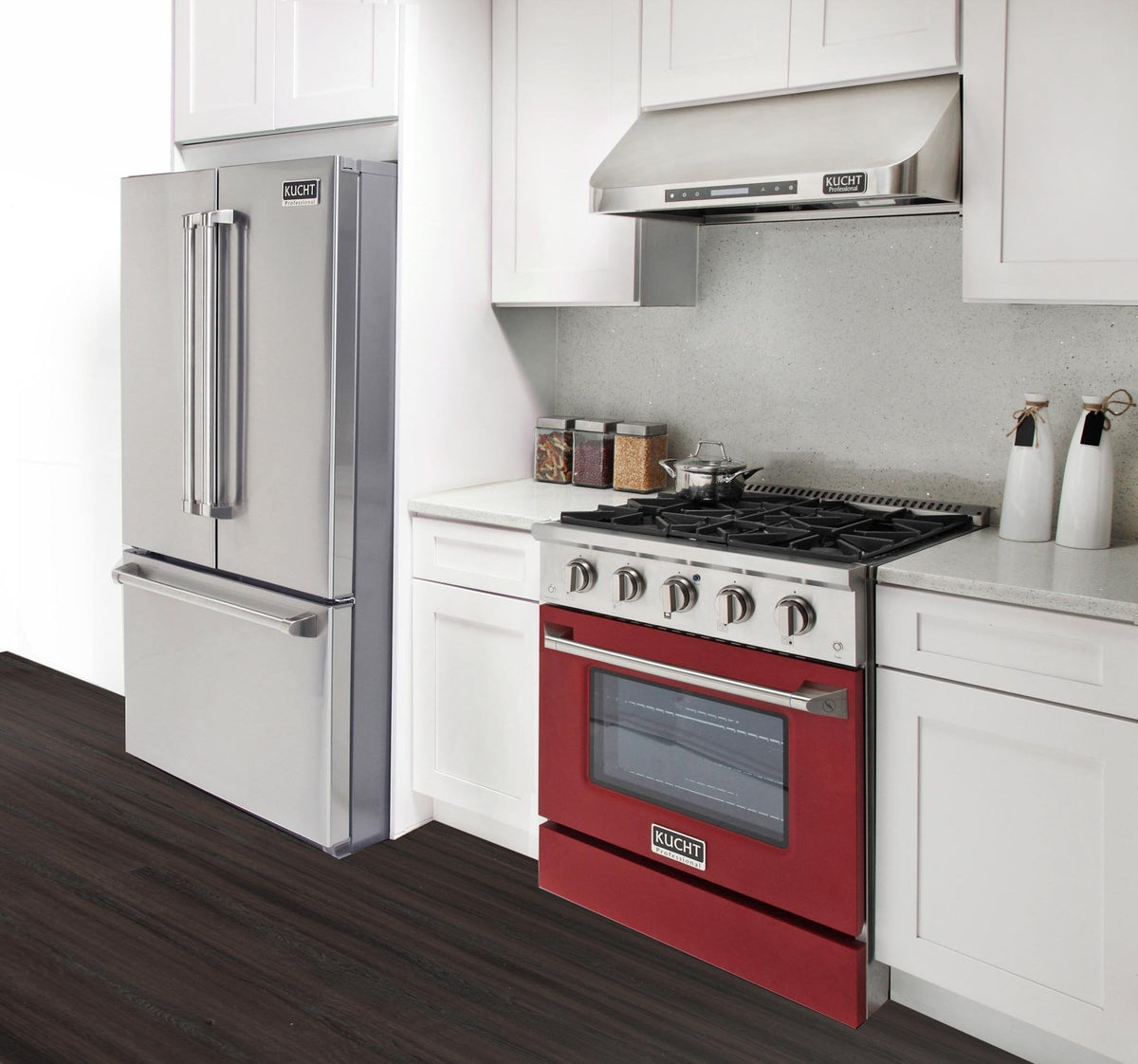 Red gas range with convection oven, stainless control knobs, and open cooktop