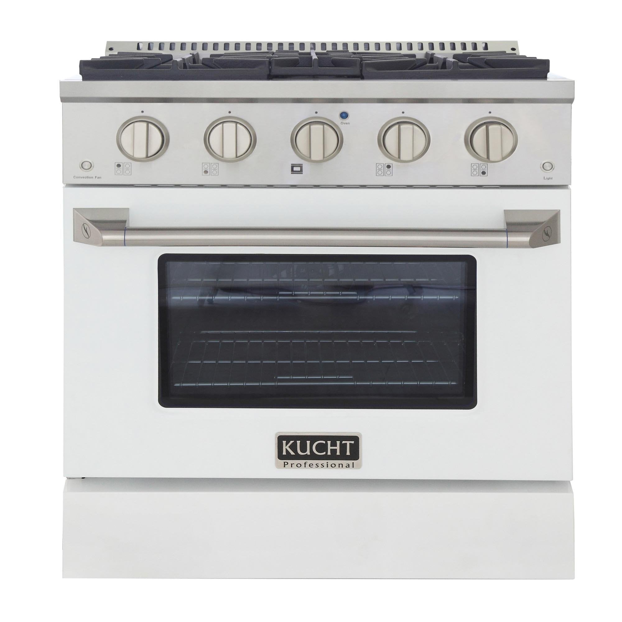White gas range oven door open with glowing interior and five front knobs