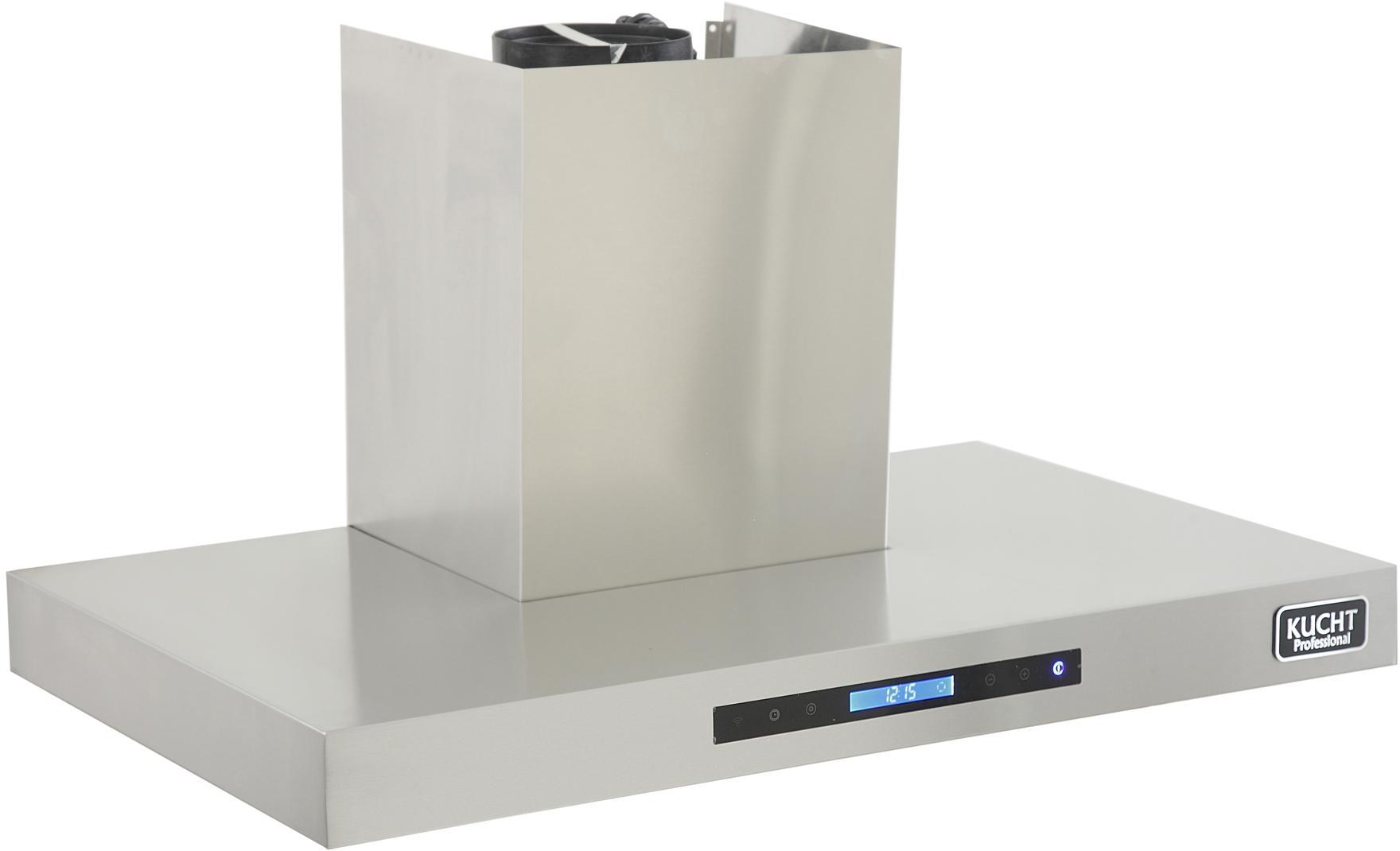Stainless steel wall-mounted range hood with slim chimney and front LED display