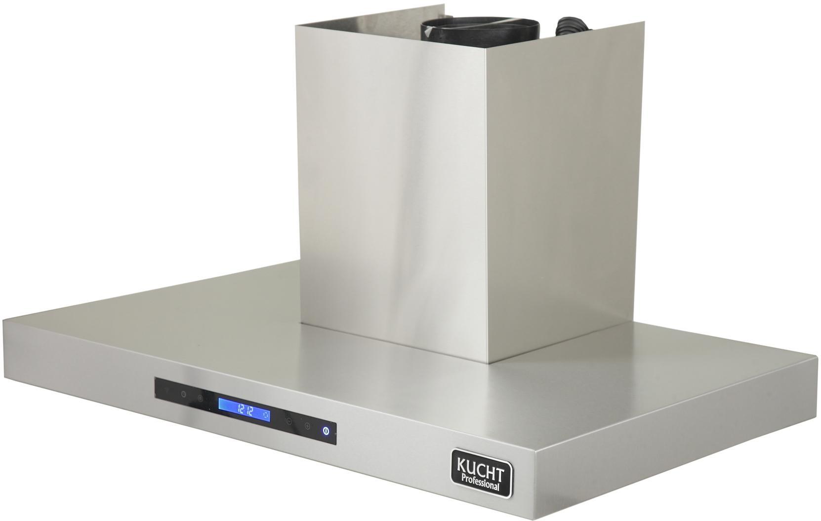 Stainless steel wall-mounted range hood with slim chimney and control panel