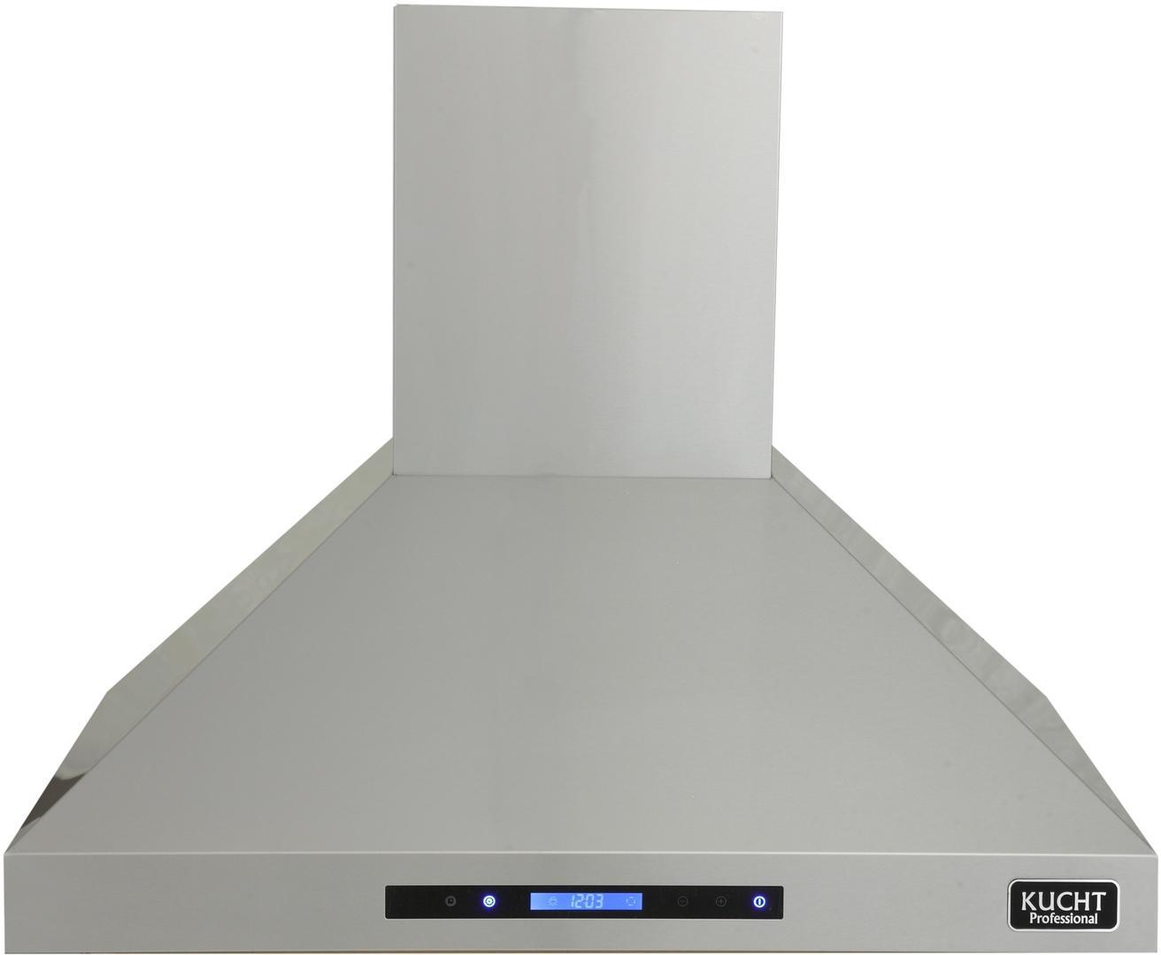 Stainless steel wall mounted range hood with digital display panel and vent canopy